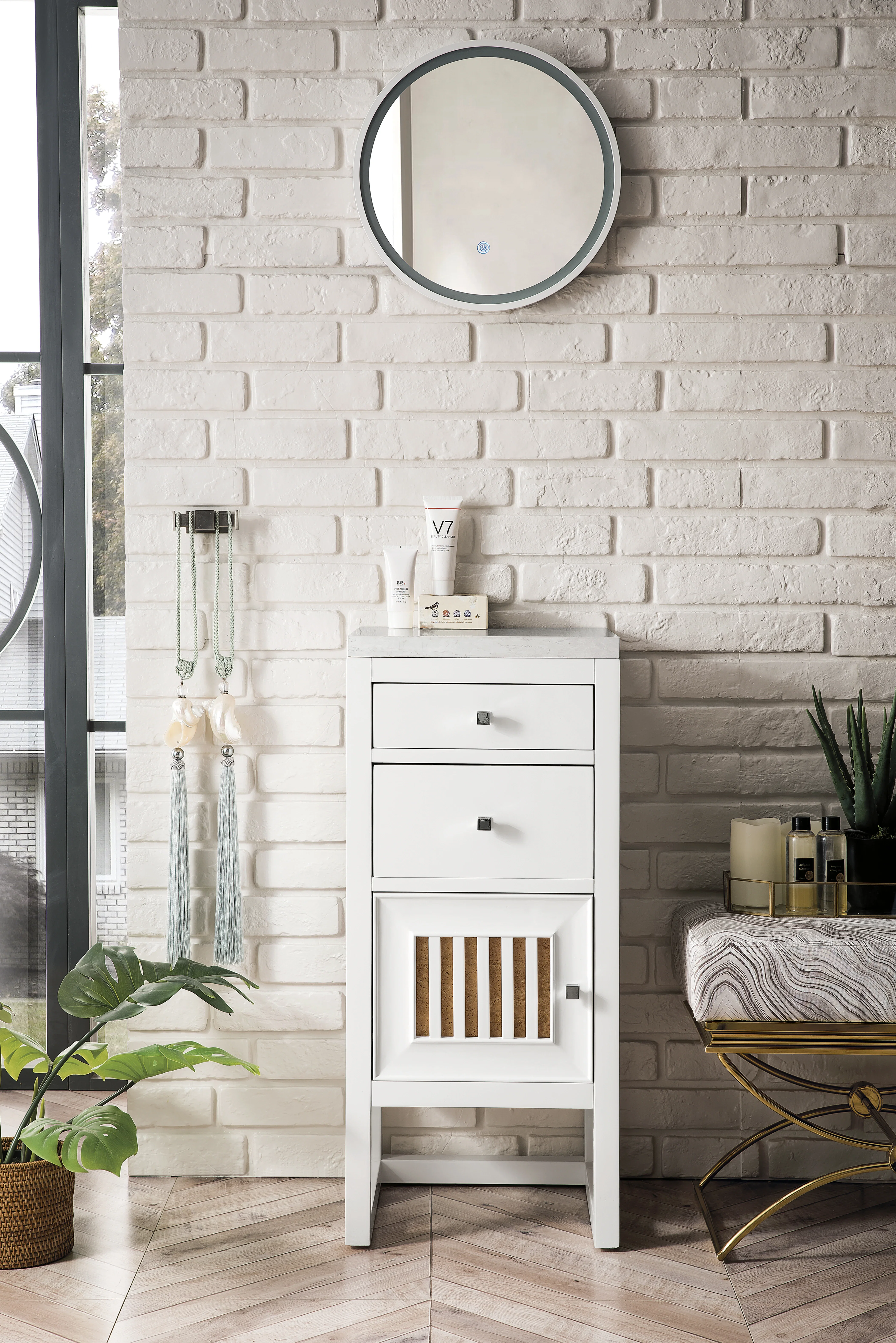 Athens 15" Base Cabinet w/ Drawers and Left Door, Glossy White w/ 3 CM Arctic Fall Solid Surface Top