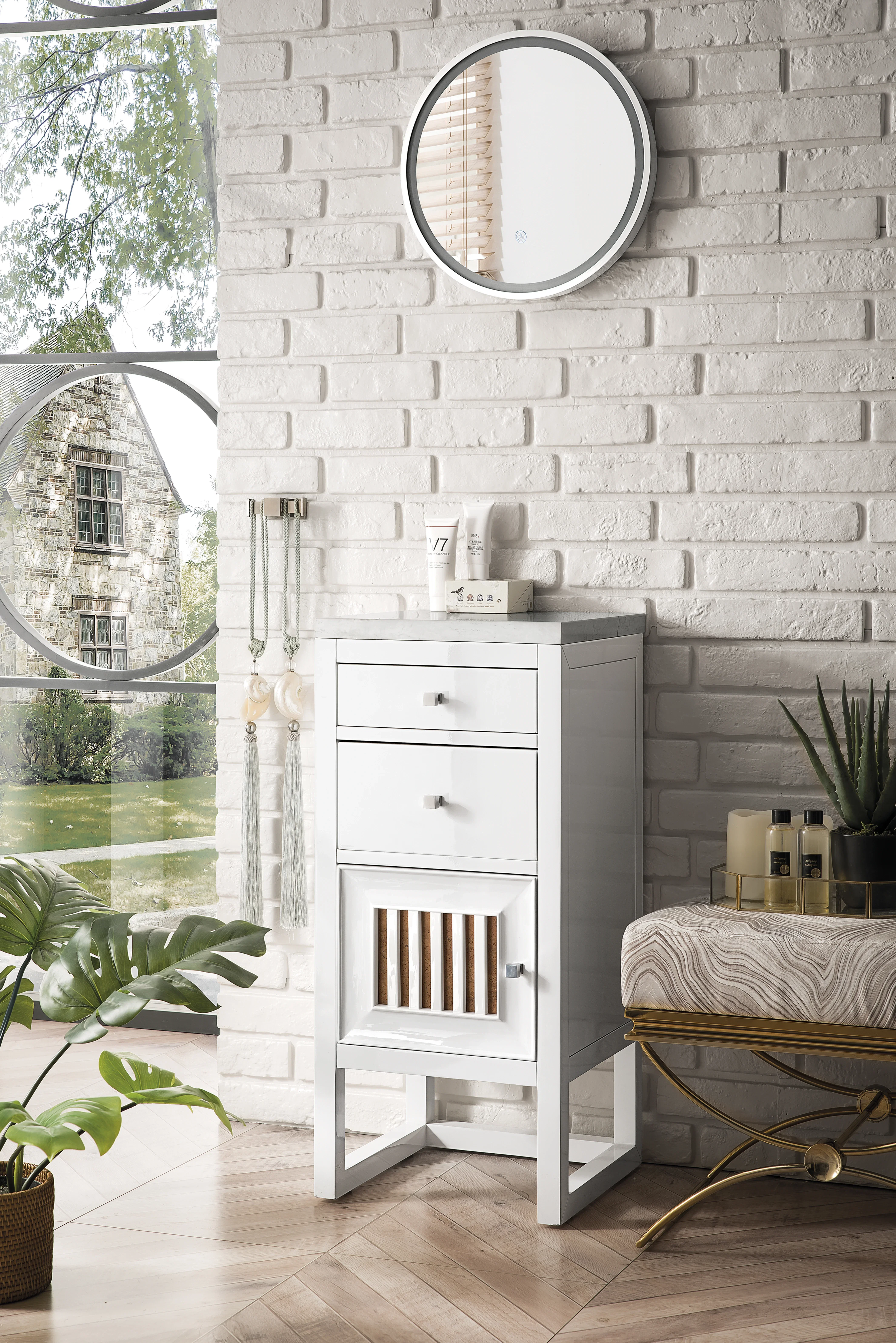 Athens 15" Base Cabinet w/ Drawers and Left Door, Glossy White w/ 3 CM Arctic Fall Solid Surface Top