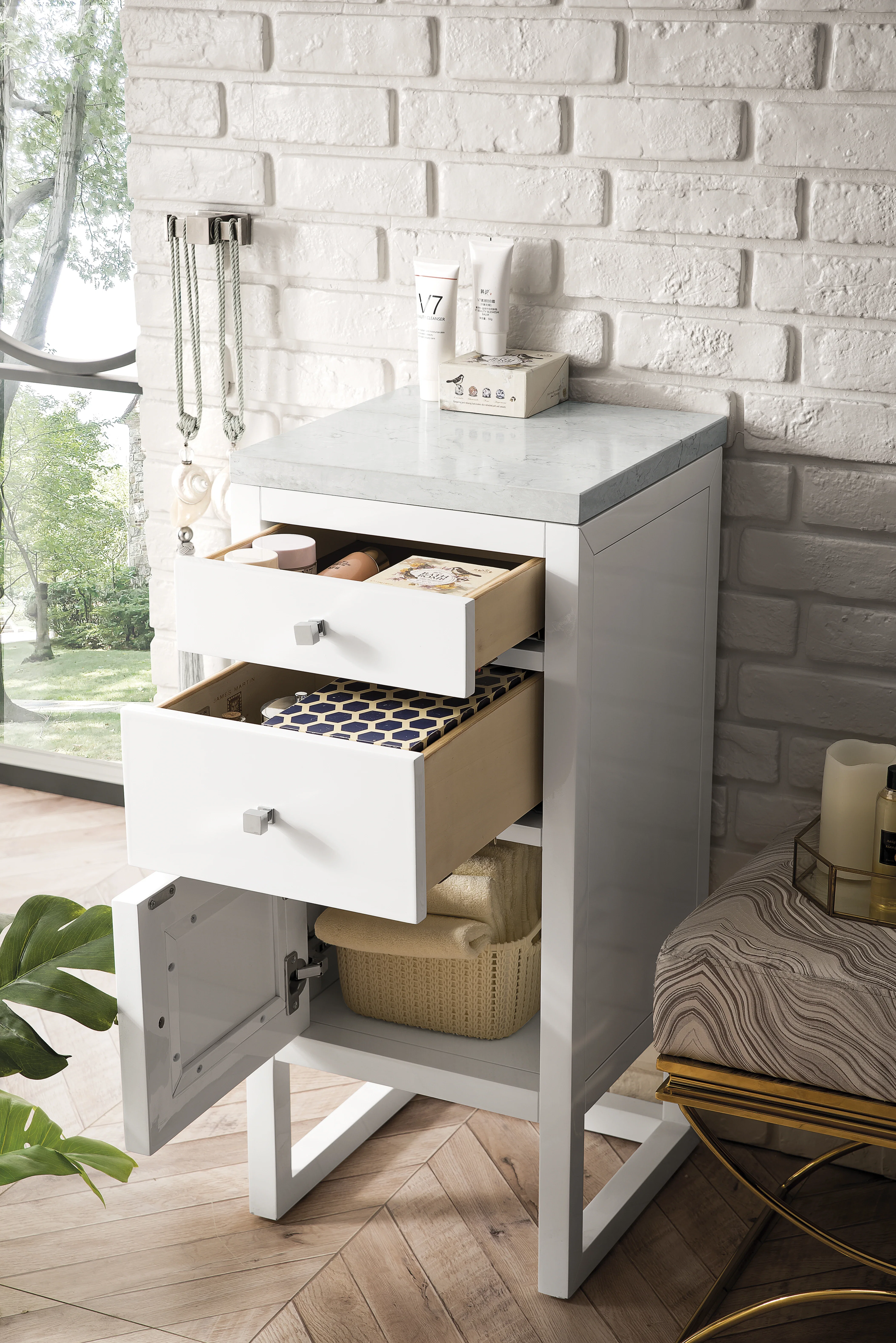 Athens 15" Base Cabinet w/ Drawers and Left Door, Glossy White w/ 3 CM Arctic Fall Solid Surface Top