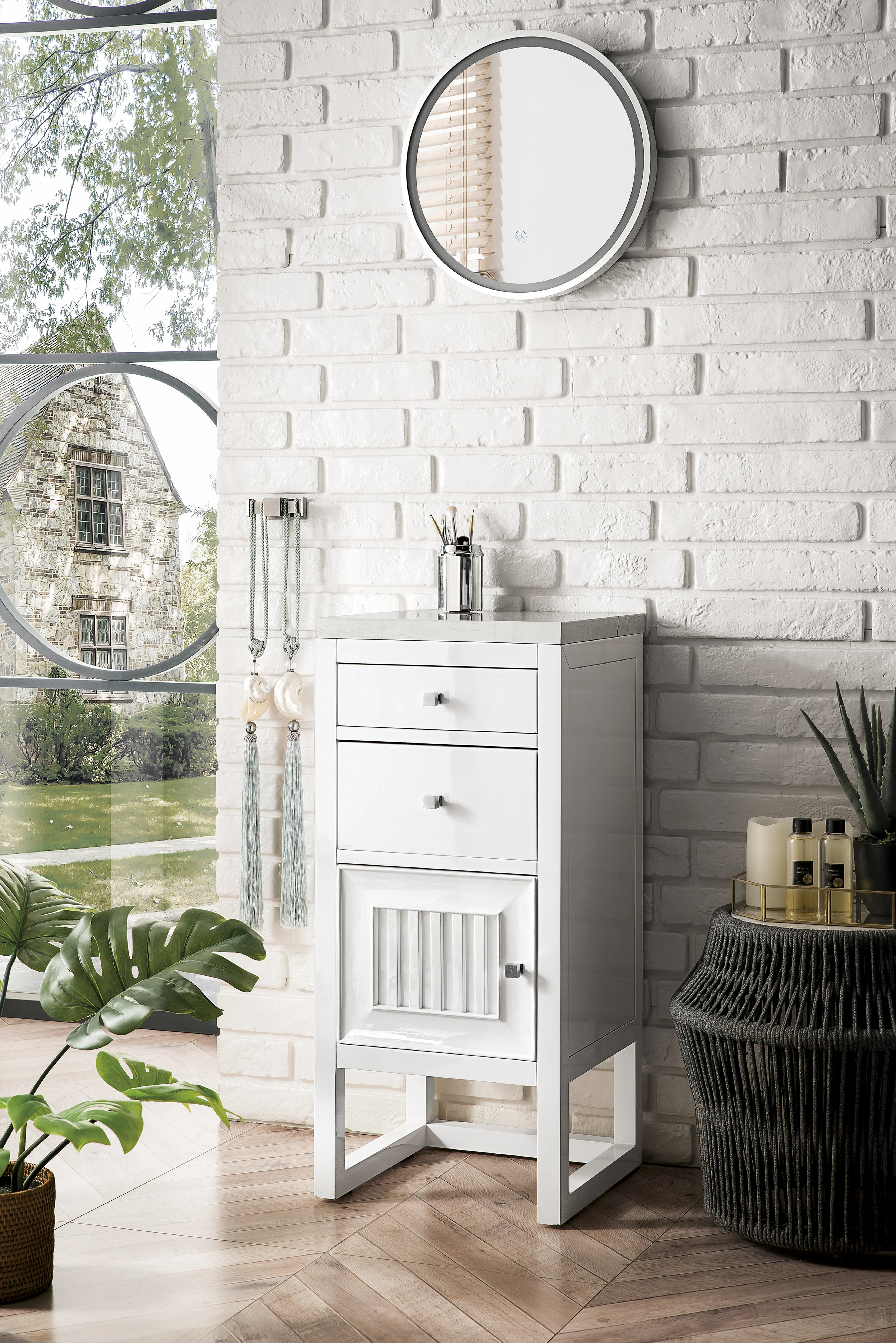 Athens 15" Base Cabinet w/ Drawers and Left Door, Glossy White w/ 3 CM Arctic Fall Solid Surface Top