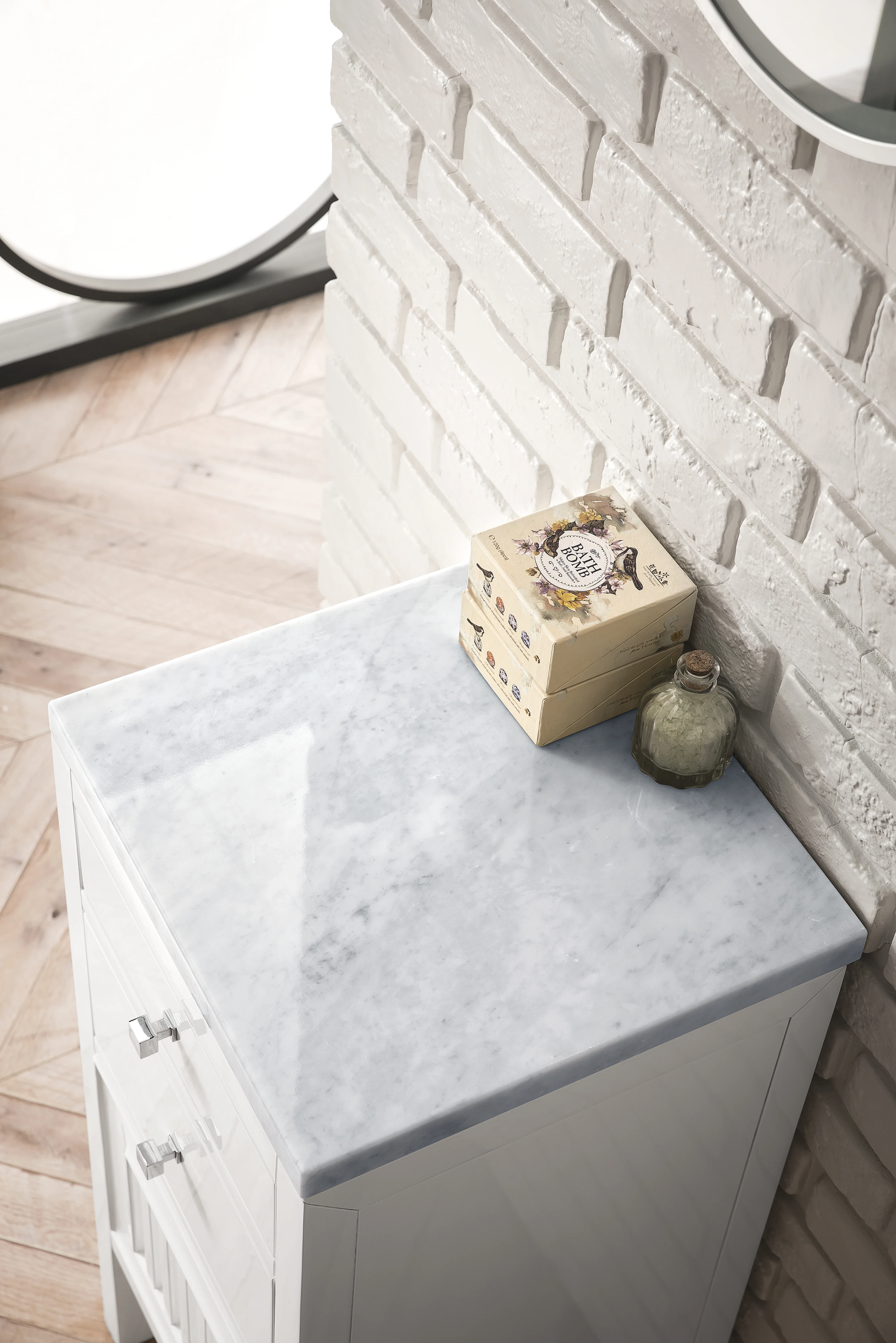 Athens 15" Base Cabinet w/ Drawers and Left Door, Glossy White w/ 3 CM Carrara Marble Top