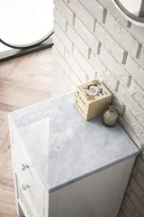 Athens 15" Base Cabinet w/ Drawers and Left Door, Glossy White w/ 3 CM Carrara Marble Top