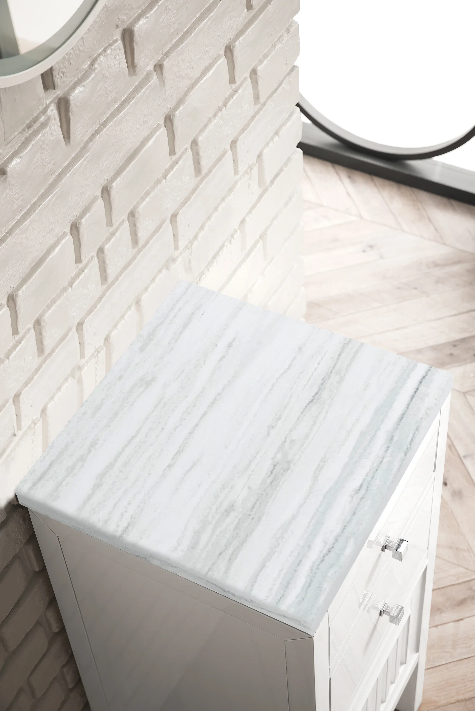 Athens 15" Base Cabinet w/ Drawers and Right Door, Glossy White w/ 3 CM Arctic Fall Solid Surface Top