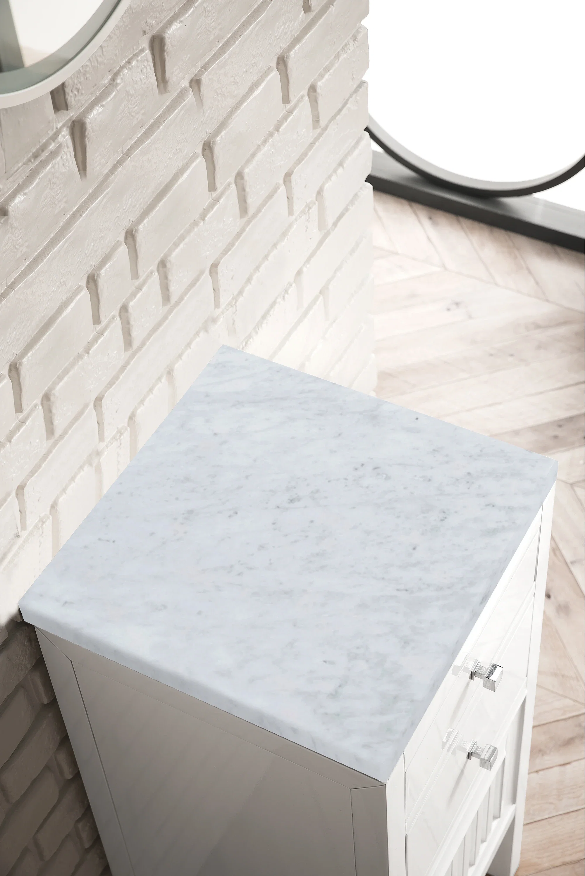 Athens 15" Base Cabinet w/ Drawers and Right Door, Glossy White w/ 3 CM Carrara Marble Top