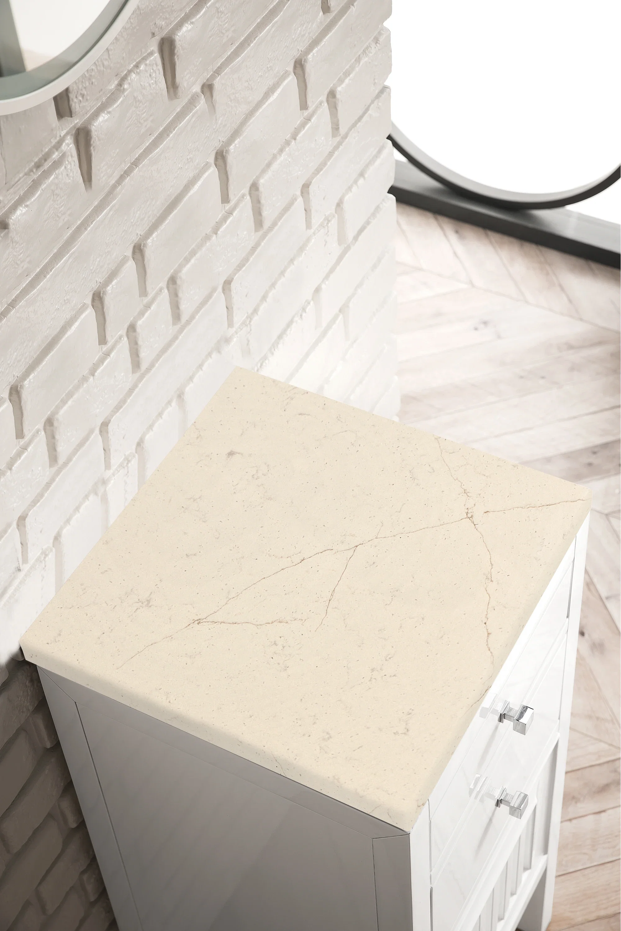 Athens 15" Base Cabinet w/ Drawers and Right Door, Glossy White w/ 3 CM Eternal Marfil Top