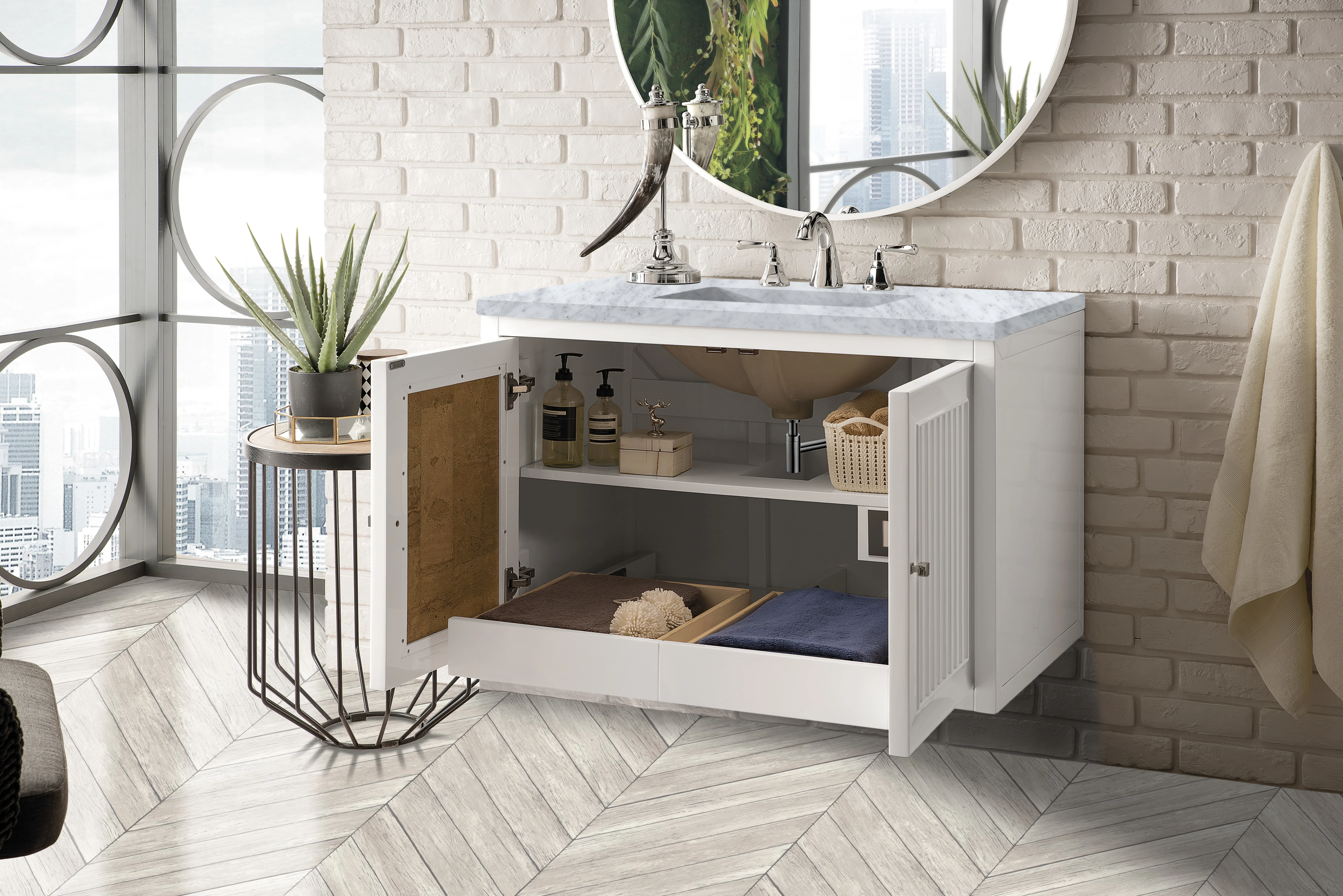 Athens 36" Single Vanity, Glossy White w/ 3 CM Carrara White Top