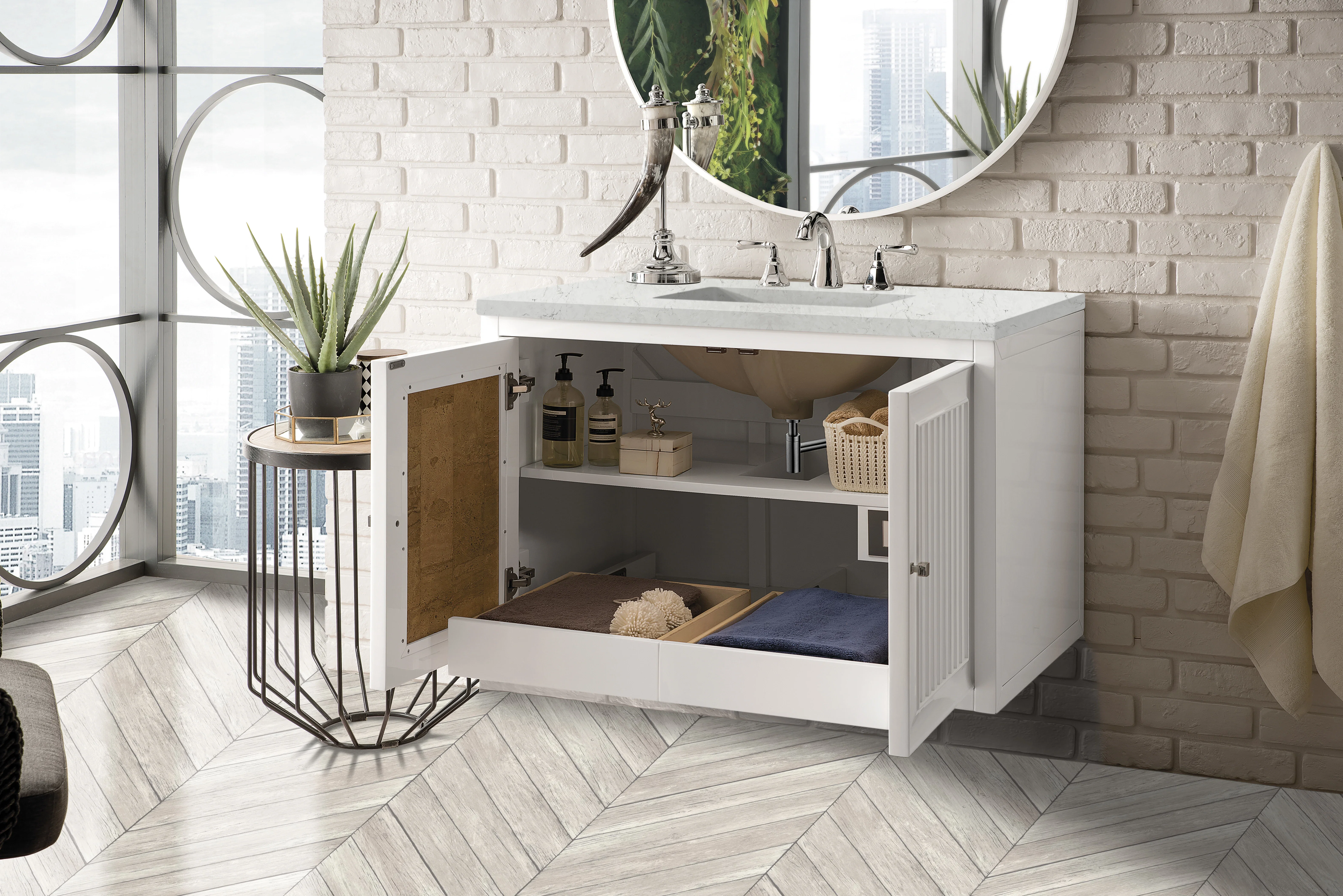 Athens 36" Single Vanity, Glossy White w/ 3 CM Eternal Jasmine Pearl Silestone Top