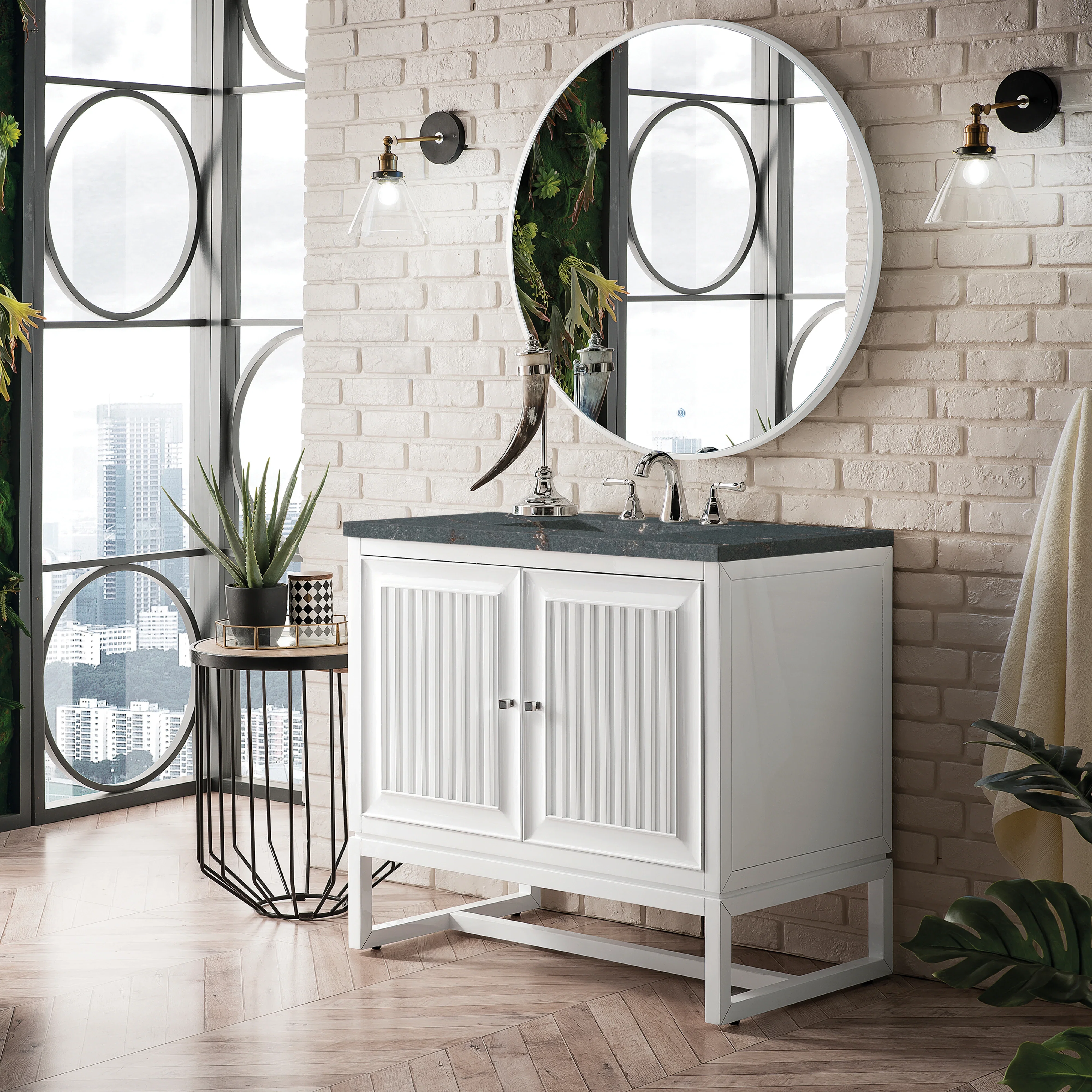 Athens 36" Single Vanity, Glossy White w/ 3 CM Parisien Bleu Silestone Top