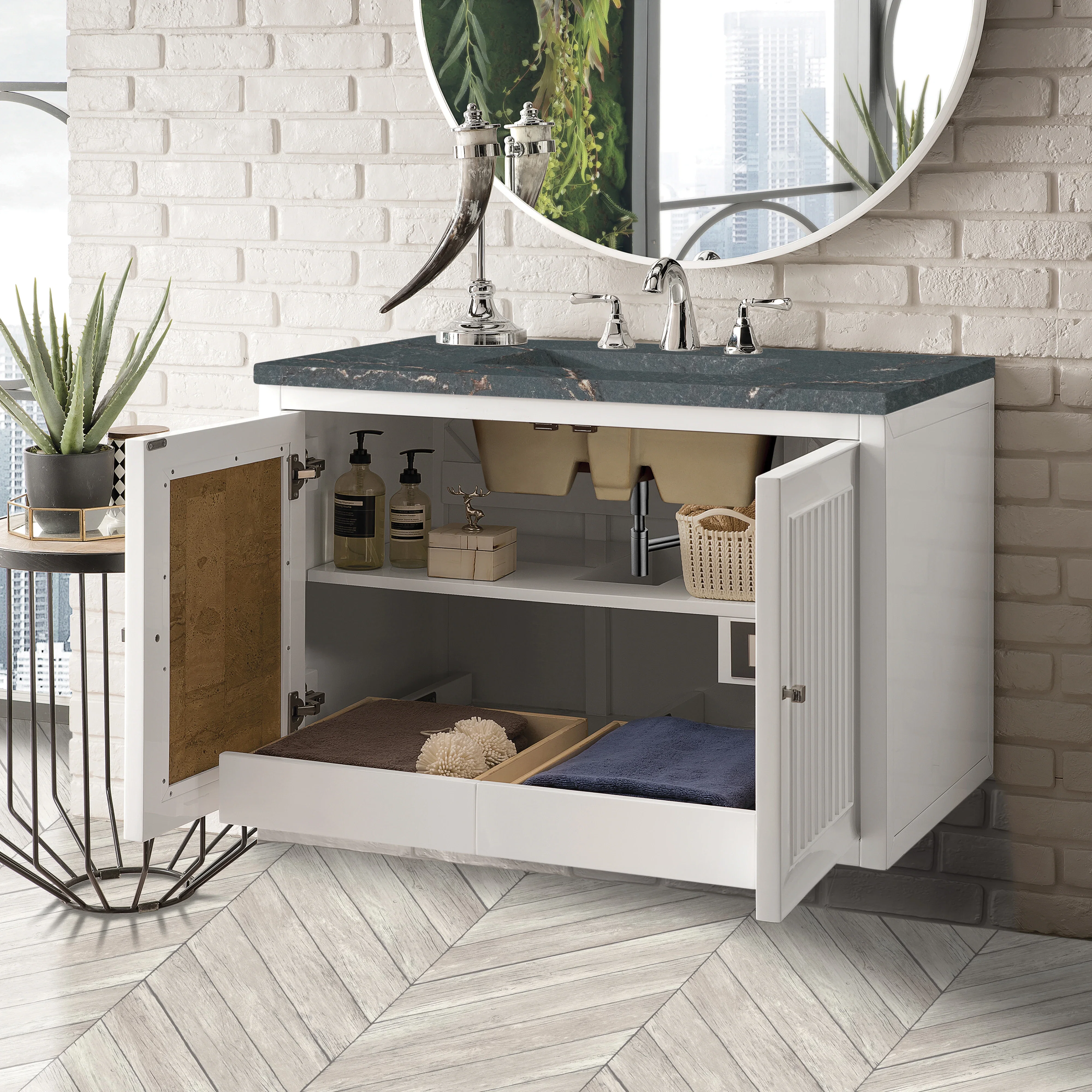 Athens 36" Single Vanity, Glossy White w/ 3 CM Parisien Bleu Silestone Top