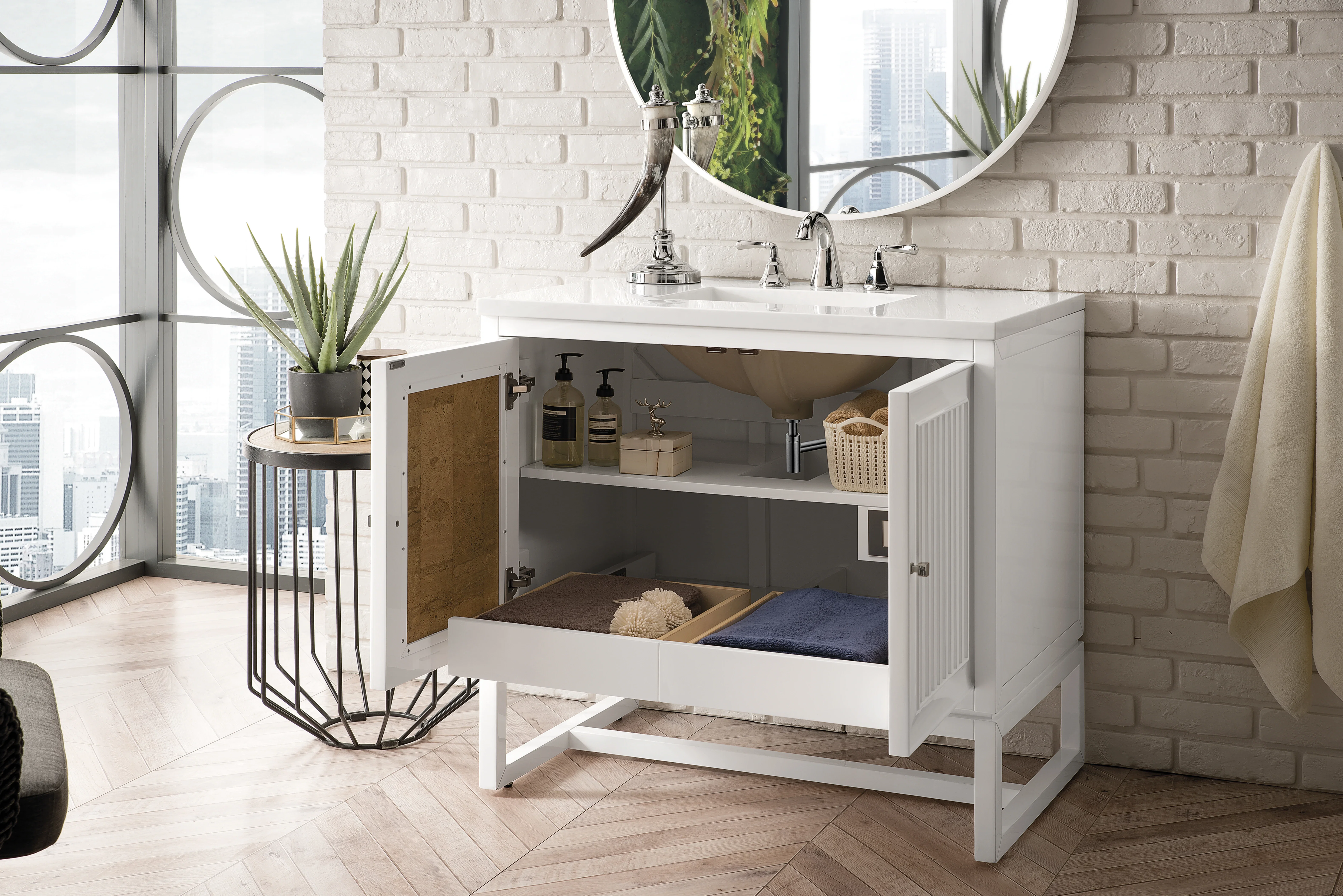 Athens 36" Single Vanity, Glossy White w/ 3 CM White Zeus Silestone Top