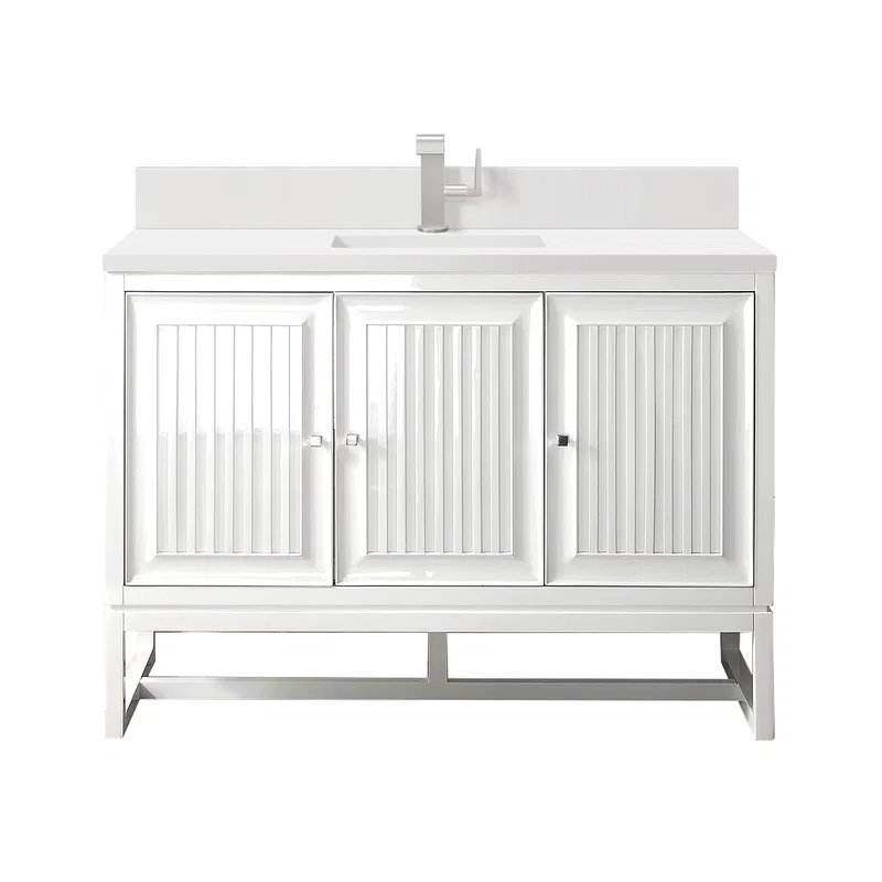 Athens 48" Single Vanity, Glossy White w/ Single Hole 3 CM White Zeus Silestone Top & Backsplash