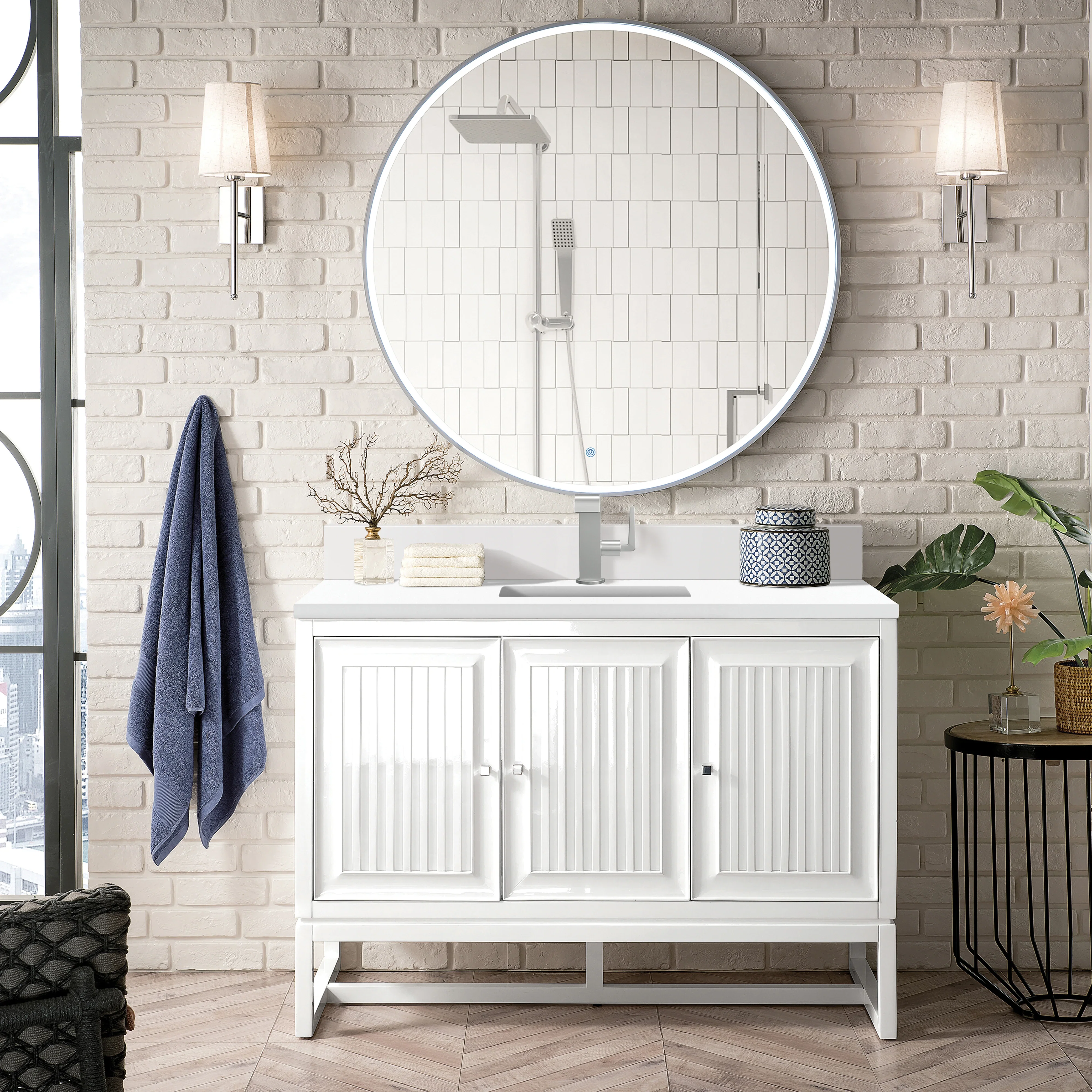 Athens 48" Single Vanity, Glossy White w/ Single Hole 3 CM White Zeus Silestone Top & Backsplash