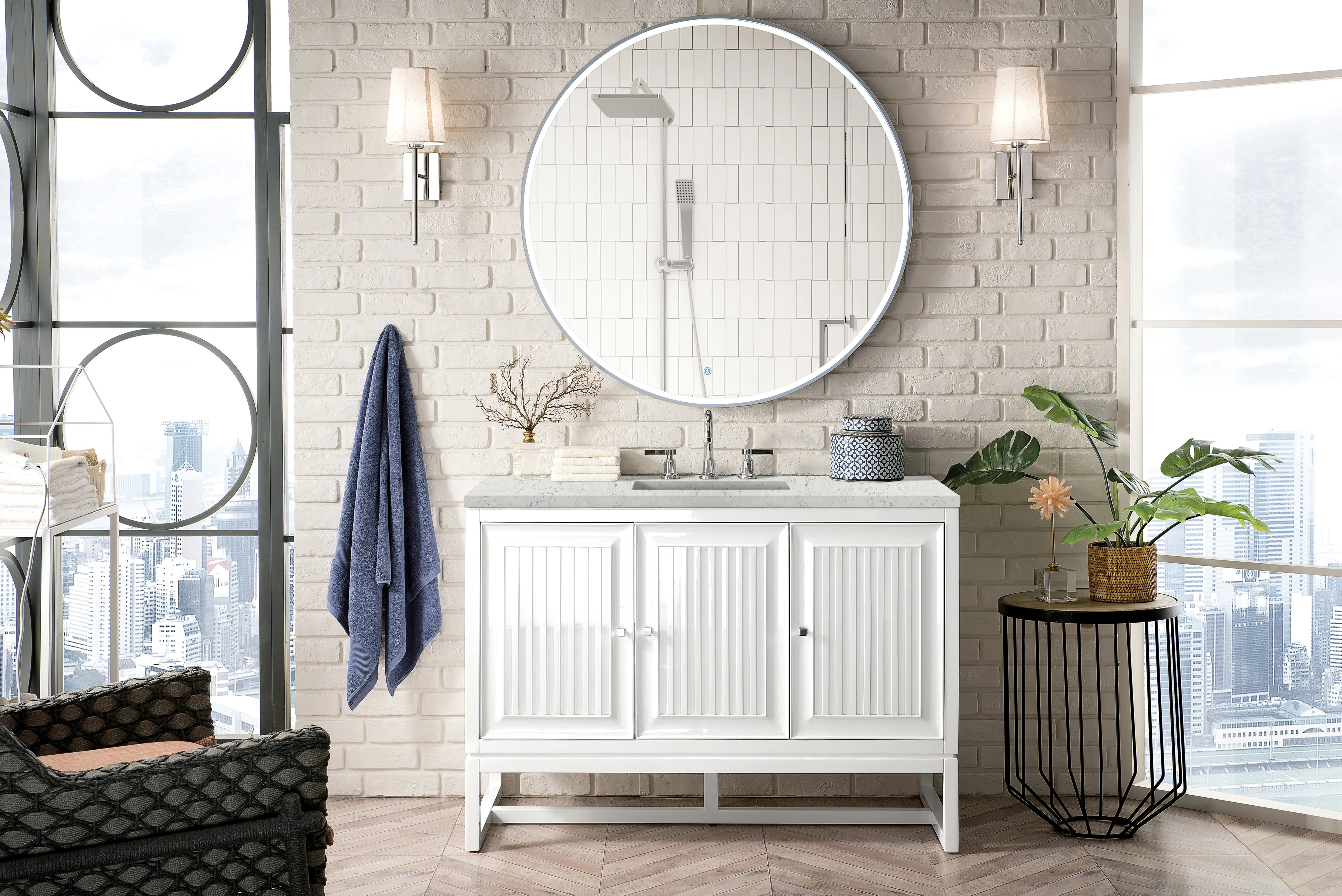 Athens 48" Single Vanity, Glossy White w/ 3 CM Eternal Jasmine Pearl Silestone Top