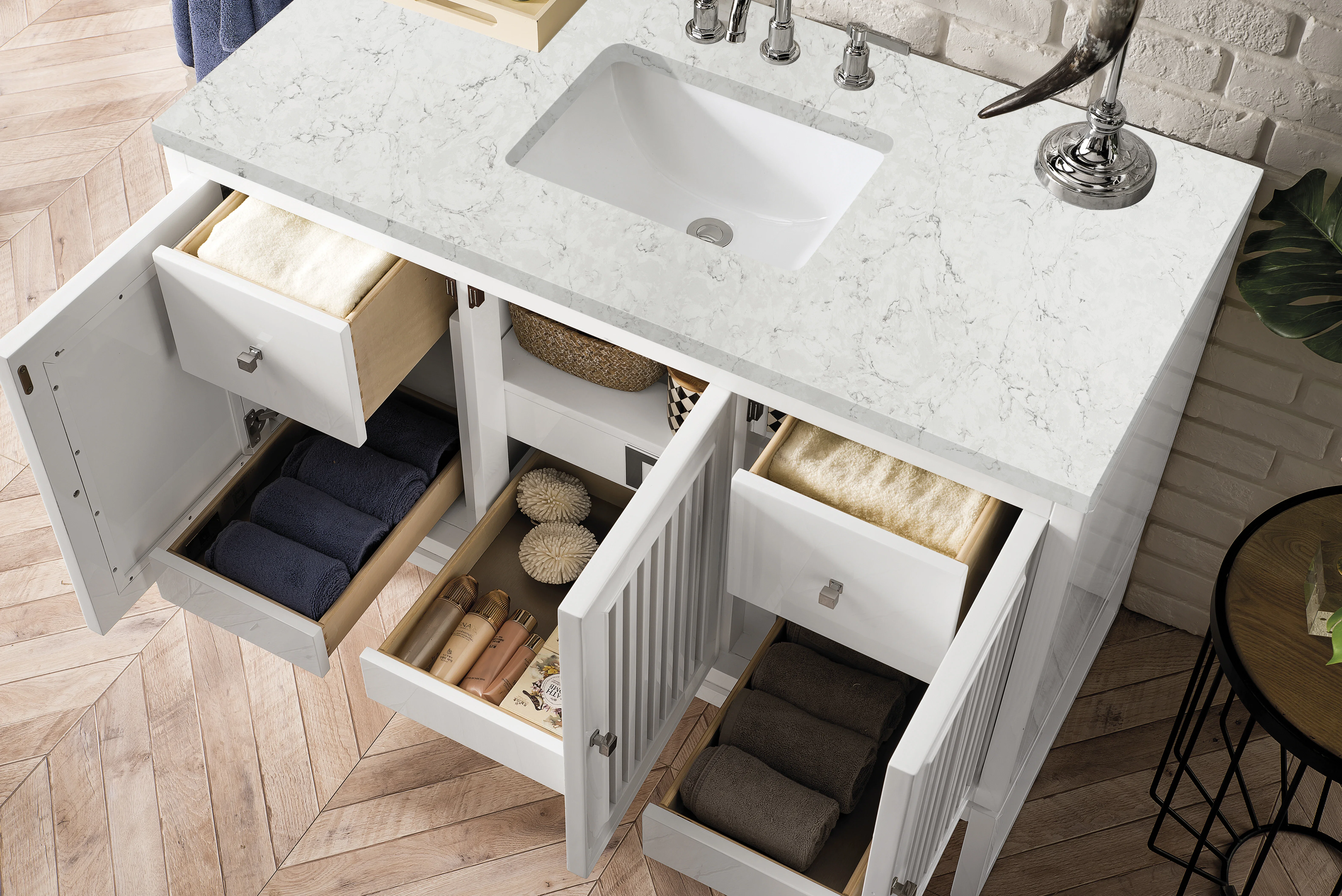 Athens 48" Single Vanity, Glossy White w/ 3 CM Eternal Jasmine Pearl Silestone Top