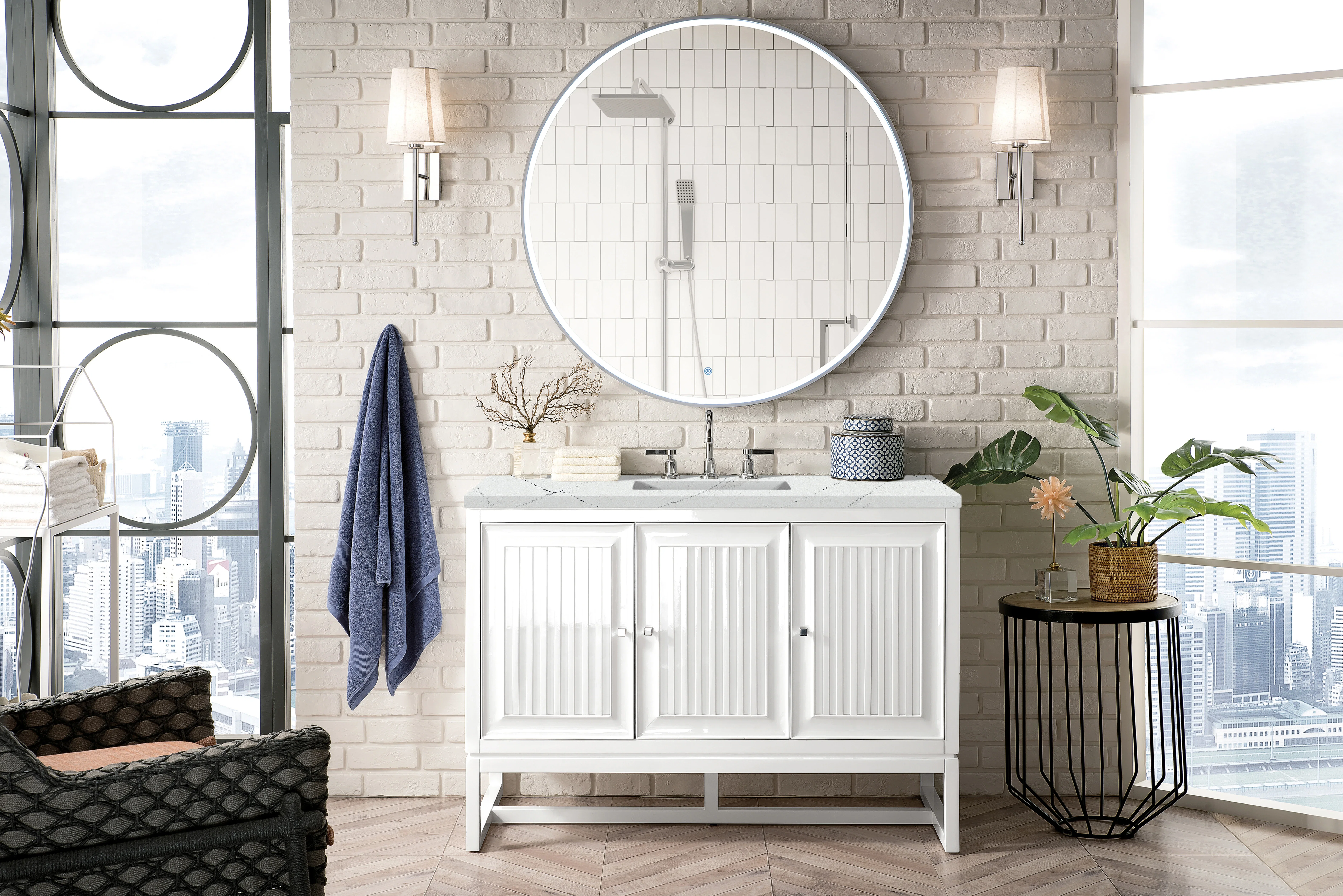 Athens 48" Single Vanity, Glossy White w/ 3 CM Ethereal Noctis Top