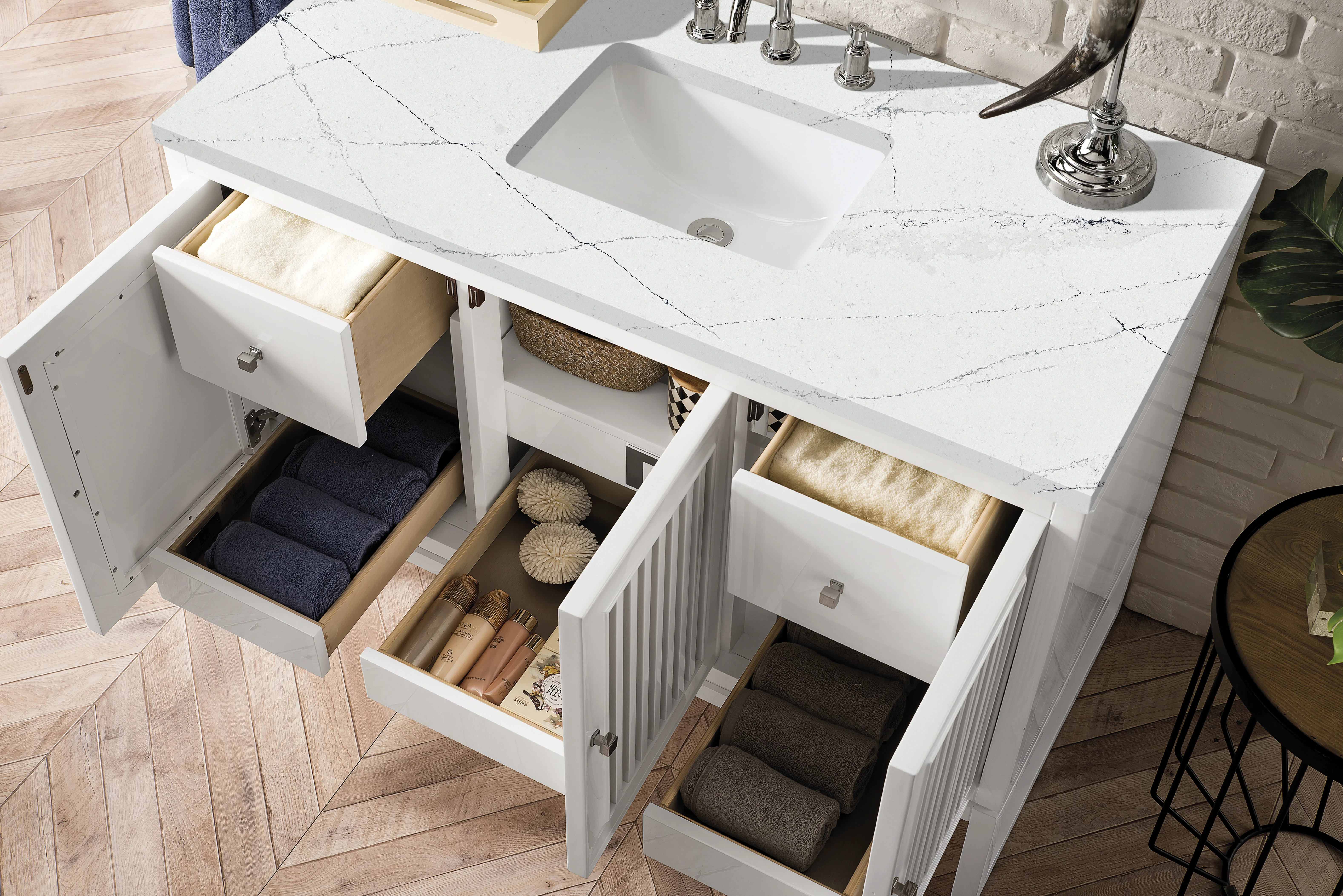 Athens 48" Single Vanity, Glossy White w/ 3 CM Ethereal Noctis Top