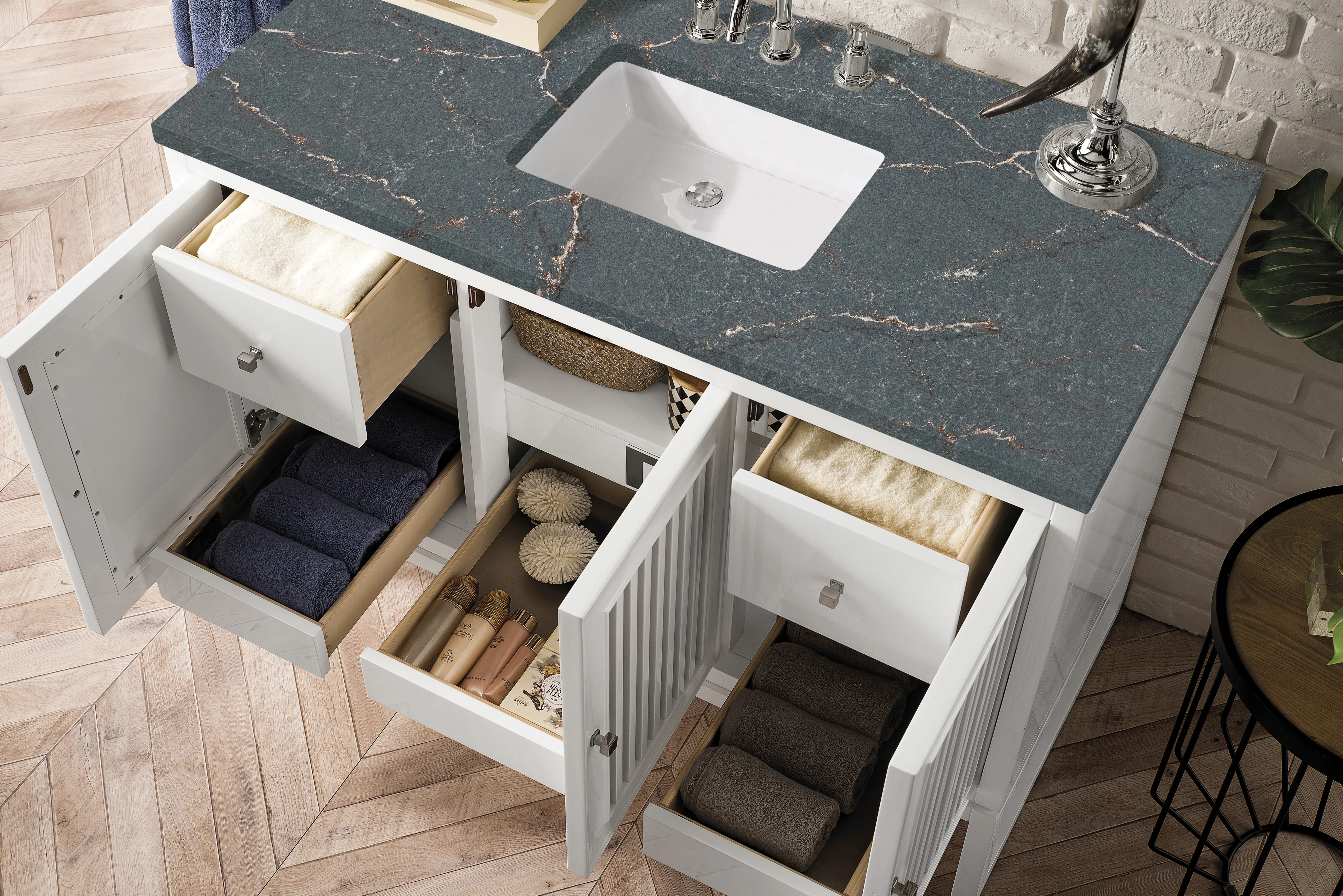 Athens 48" Single Vanity, Glossy White w/ 3 CM Parisien Bleu Silestone Top