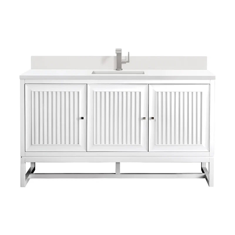 Athens 60" Single Vanity, Glossy White w/ Single Hole 3 CM White Zeus Silestone Top & Backsplash