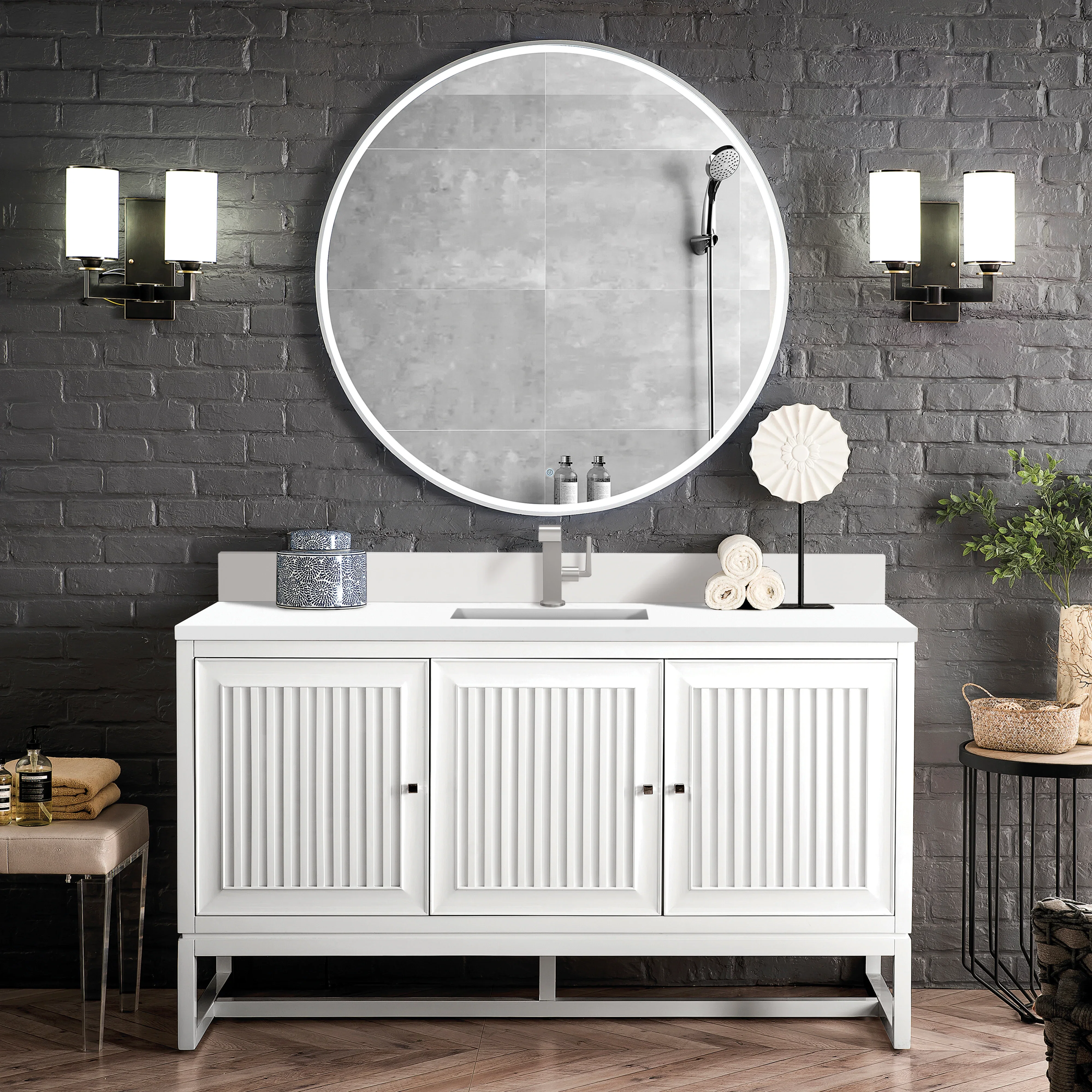 Athens 60" Single Vanity, Glossy White w/ Single Hole 3 CM White Zeus Silestone Top & Backsplash