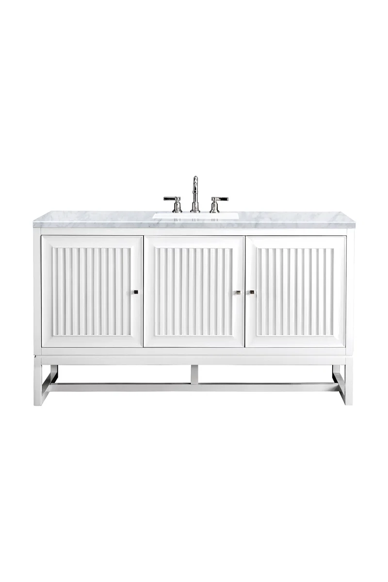 Athens 60" Single Vanity, Glossy White w/ 3 CM Carrara White Top