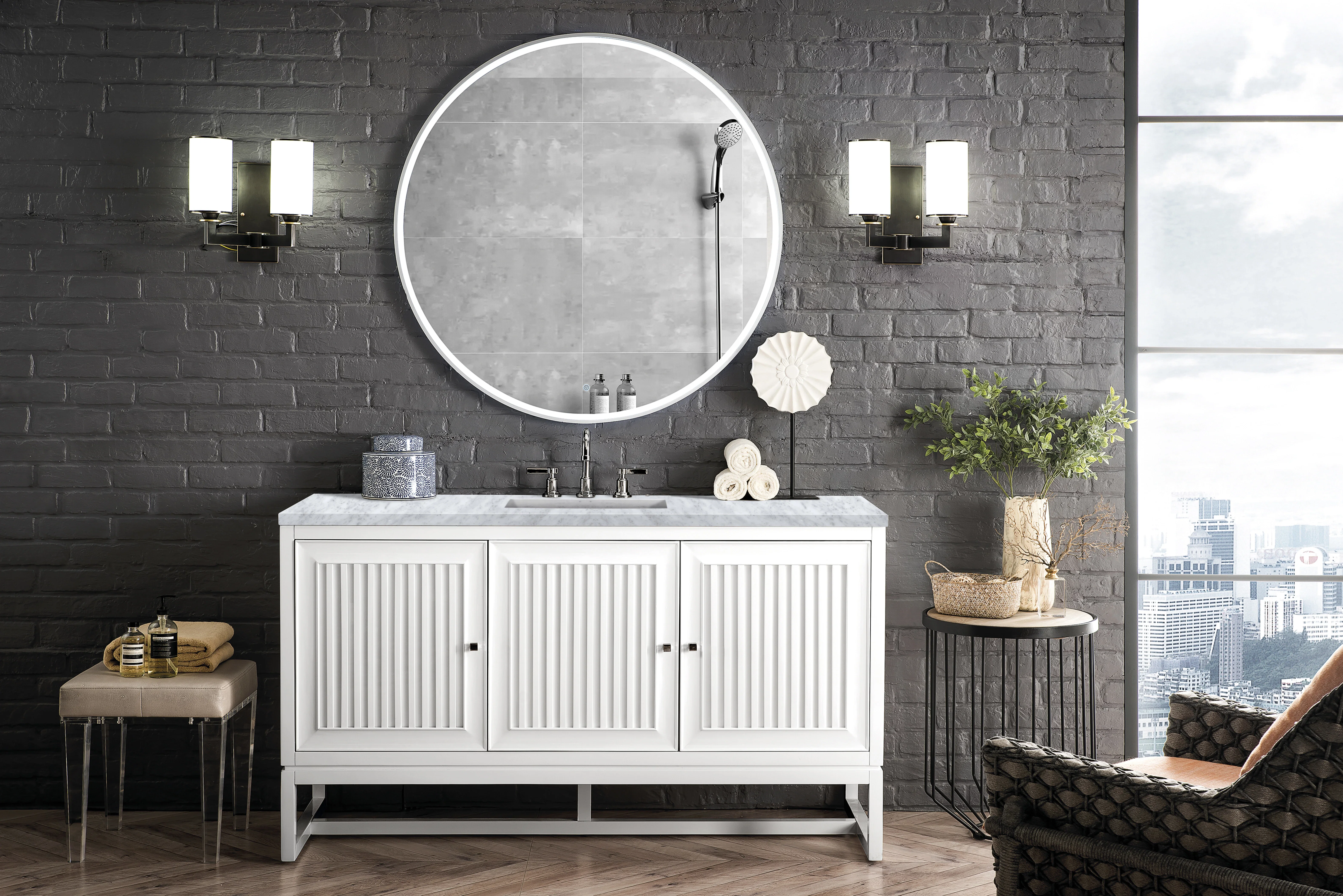 Athens 60" Single Vanity, Glossy White w/ 3 CM Carrara White Top