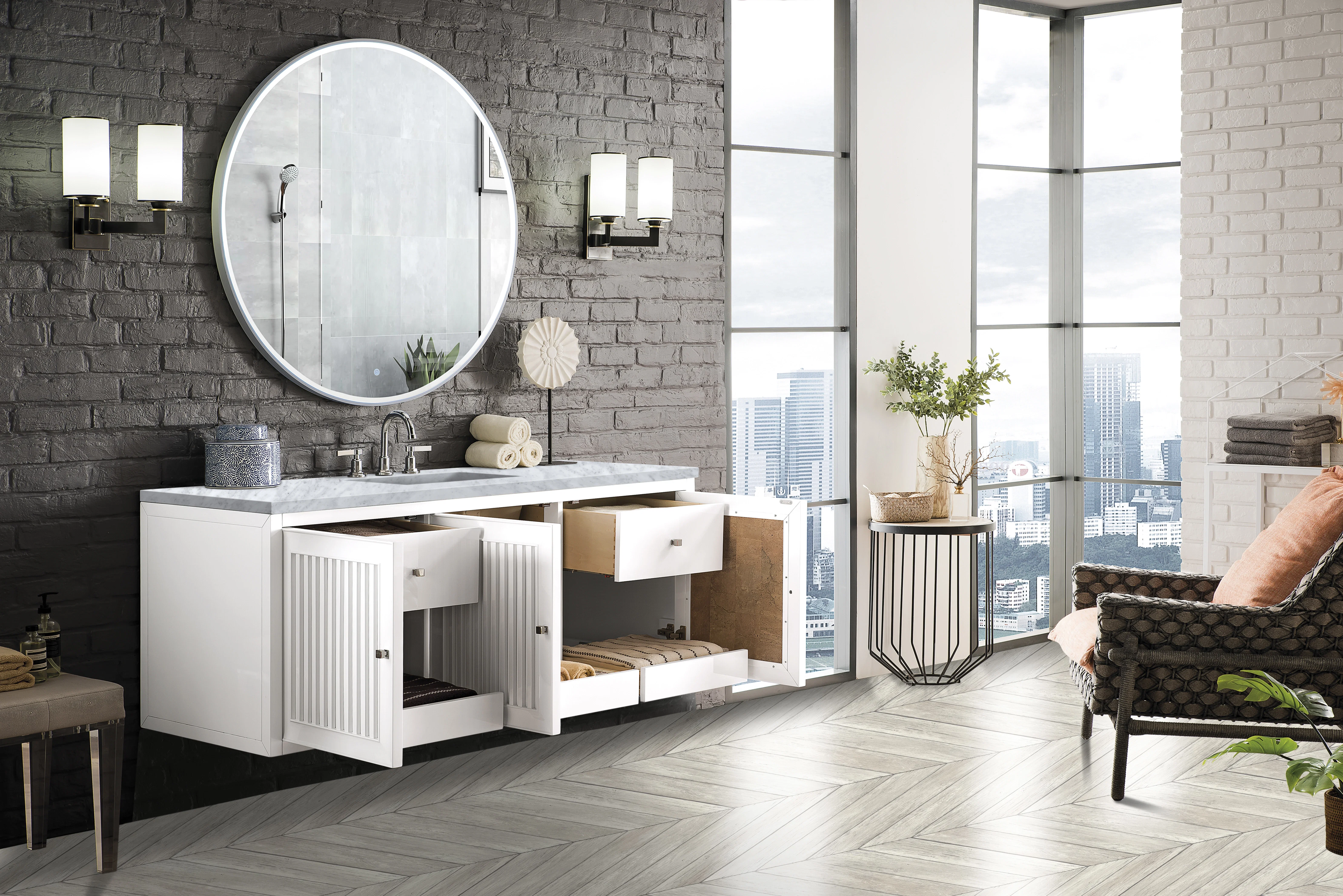 Athens 60" Single Vanity, Glossy White w/ 3 CM Carrara White Top