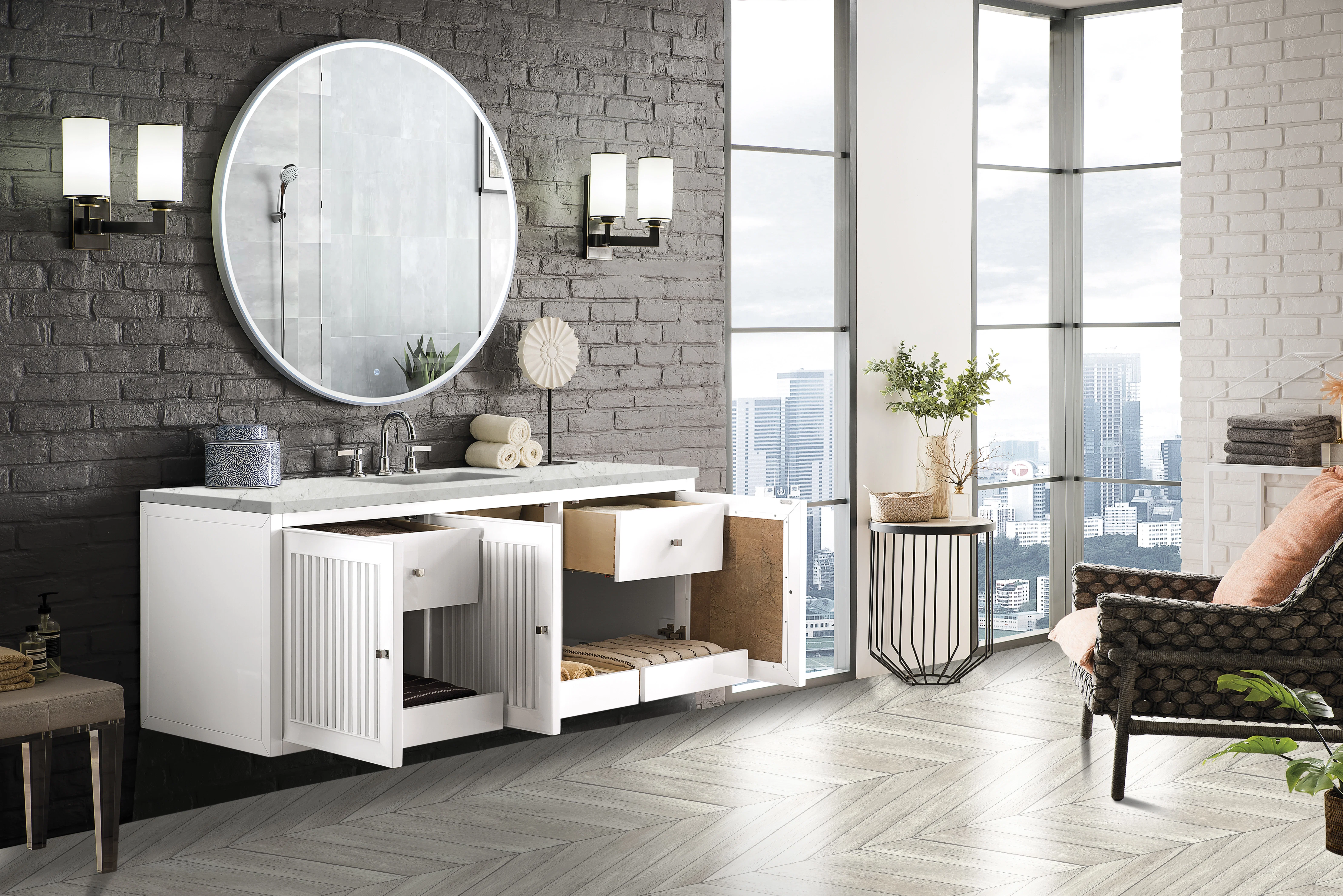 Athens 60" Single Vanity, Glossy White w/ 3 CM Eternal Jasmine Pearl Silestone Top