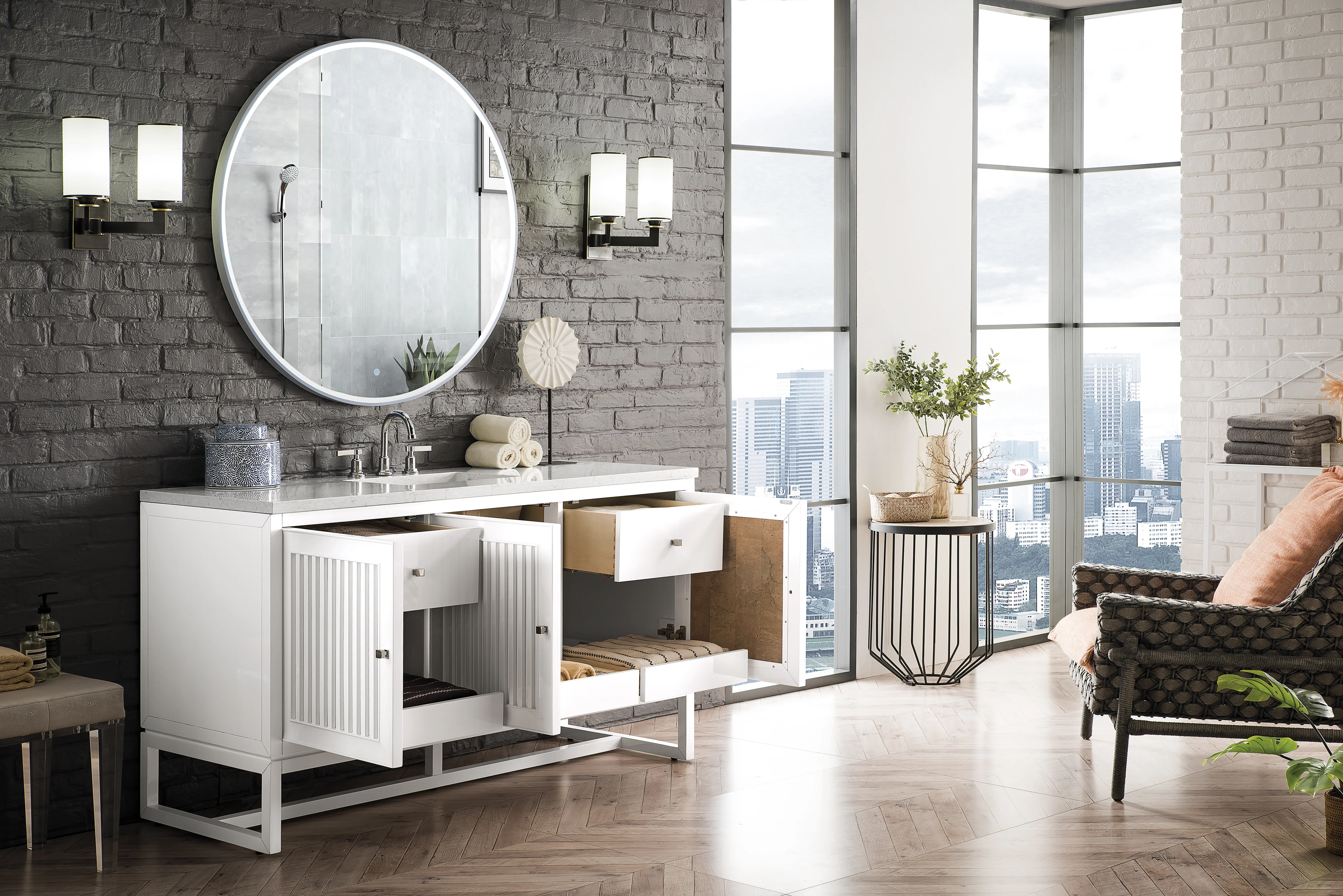 Athens 60" Single Vanity, Glossy White w/ 3 CM Eternal Jasmine Pearl Silestone Top