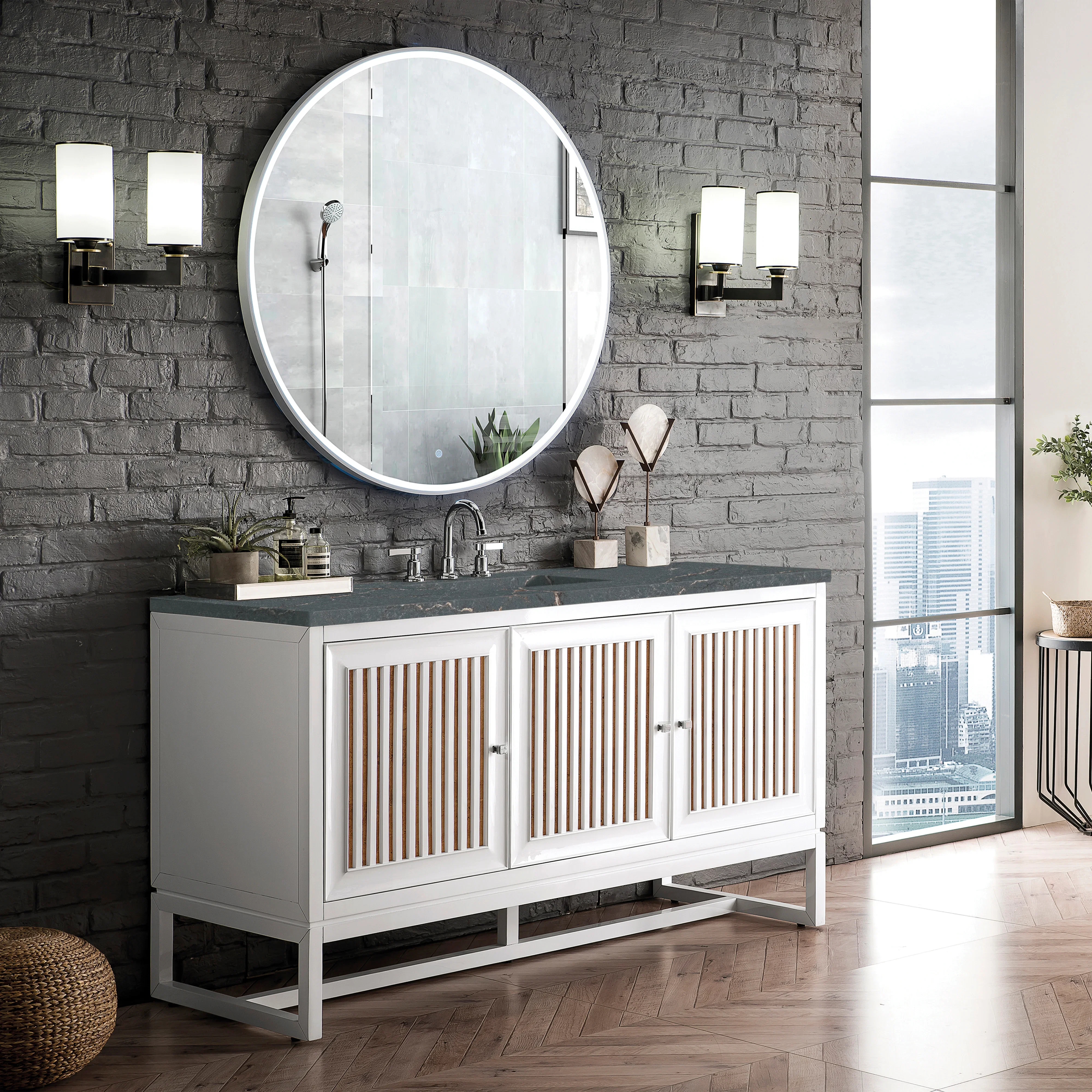 Athens 60" Single Vanity, Glossy White w/ 3 CM Parisien Bleu Silestone Top