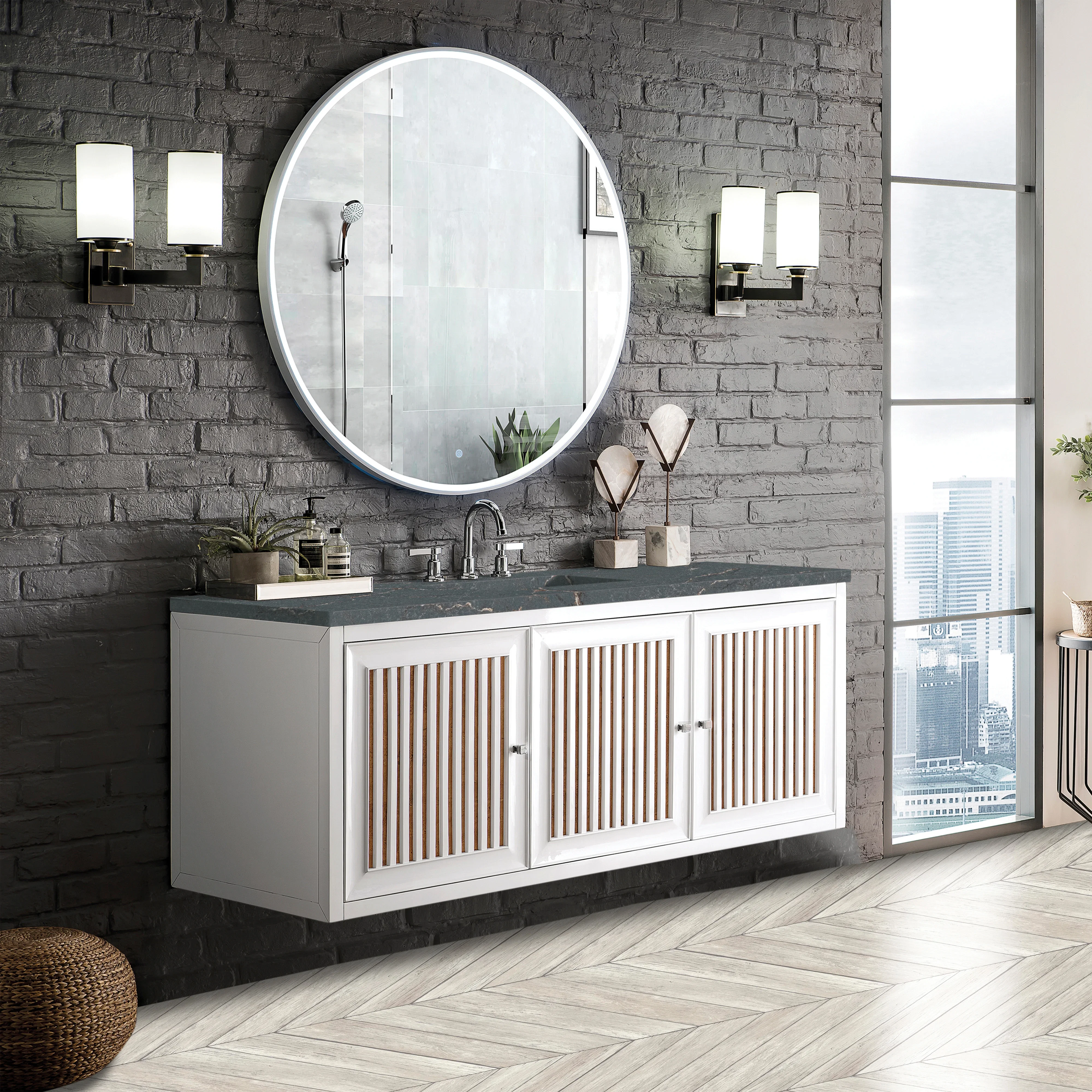 Athens 60" Single Vanity, Glossy White w/ 3 CM Parisien Bleu Silestone Top
