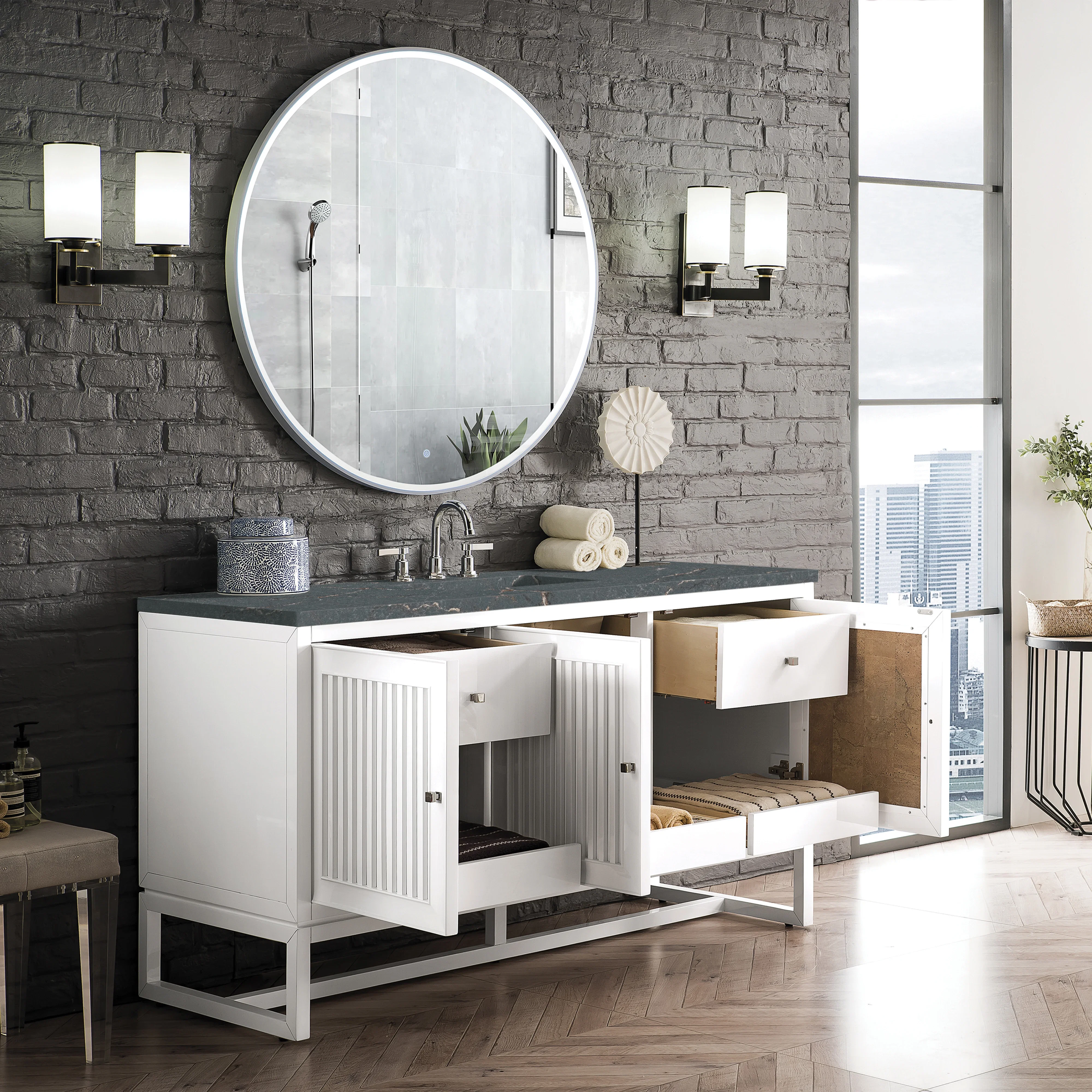 Athens 60" Single Vanity, Glossy White w/ 3 CM Parisien Bleu Silestone Top