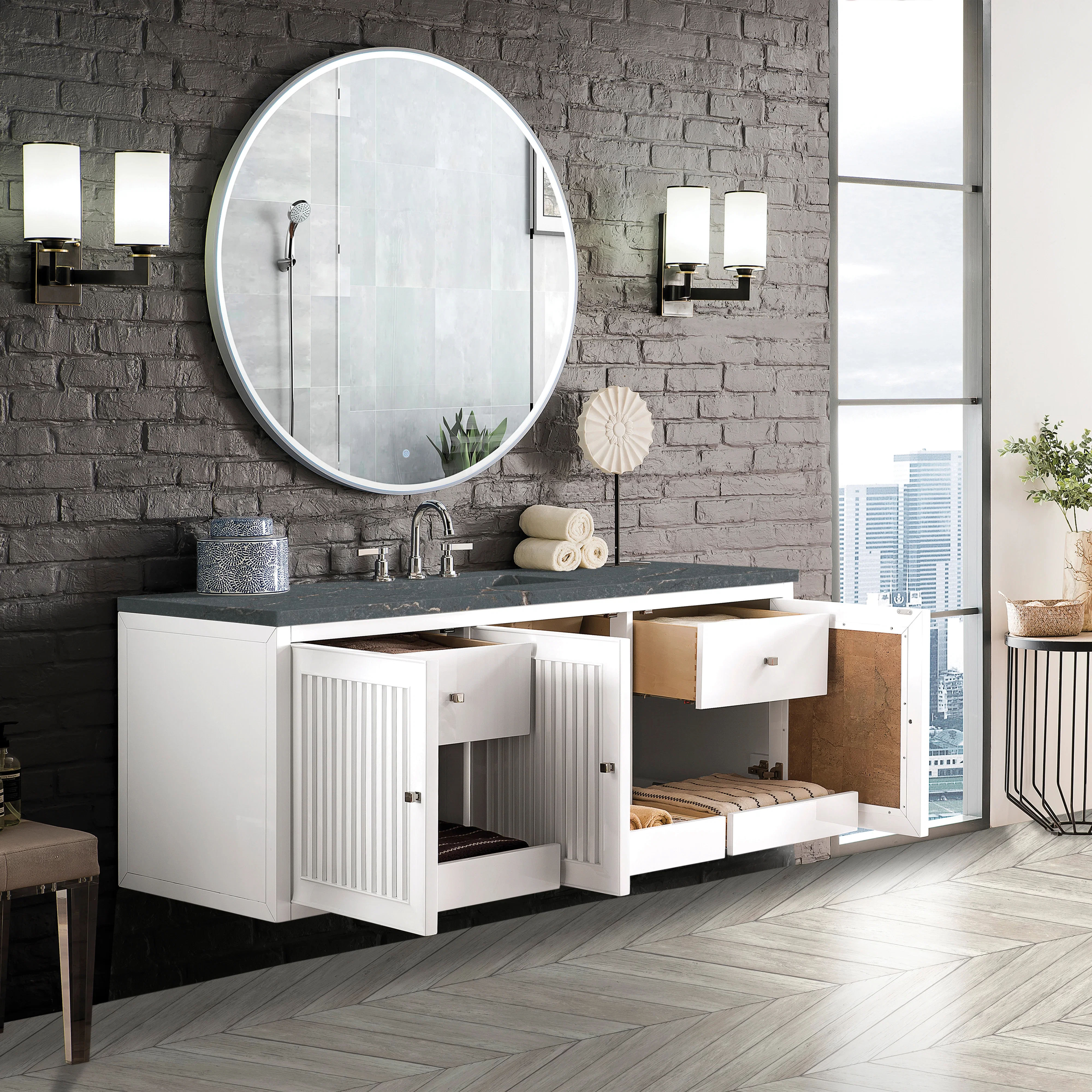 Athens 60" Single Vanity, Glossy White w/ 3 CM Parisien Bleu Silestone Top