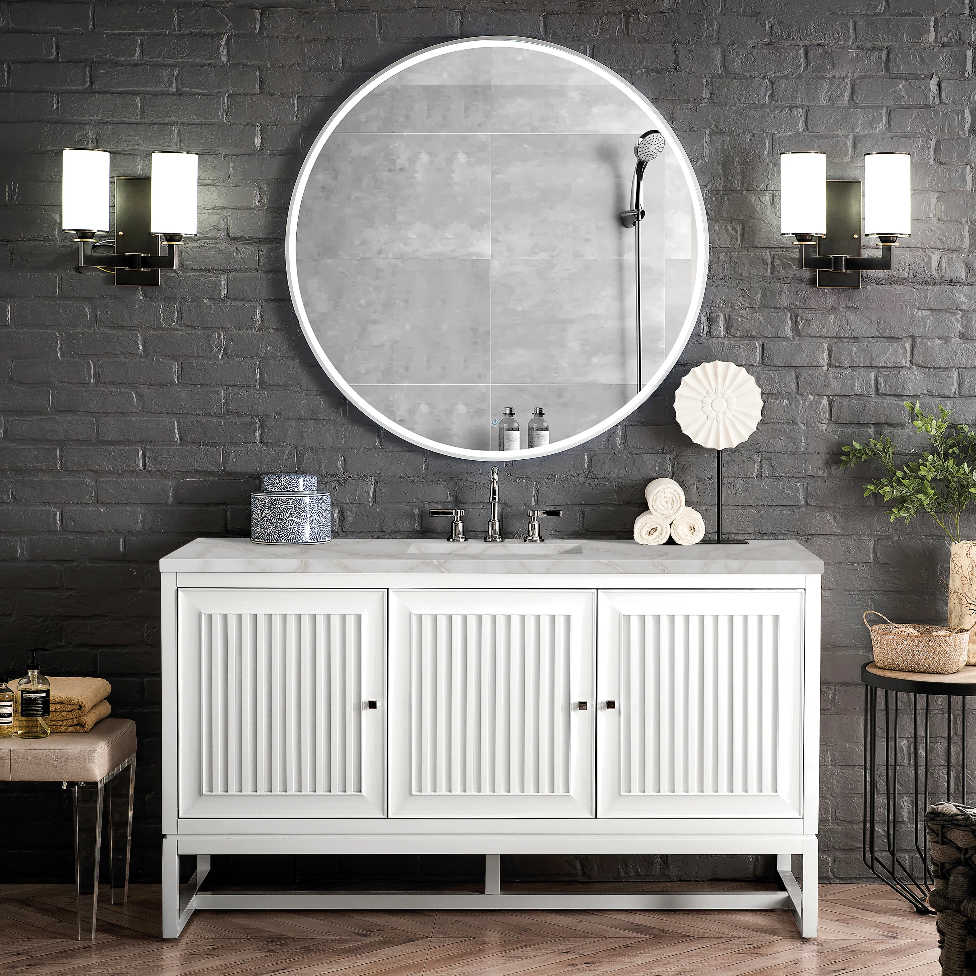 Athens 60" Single Vanity, Glossy White w/ 3 CM Victorian Silver Silestone Top