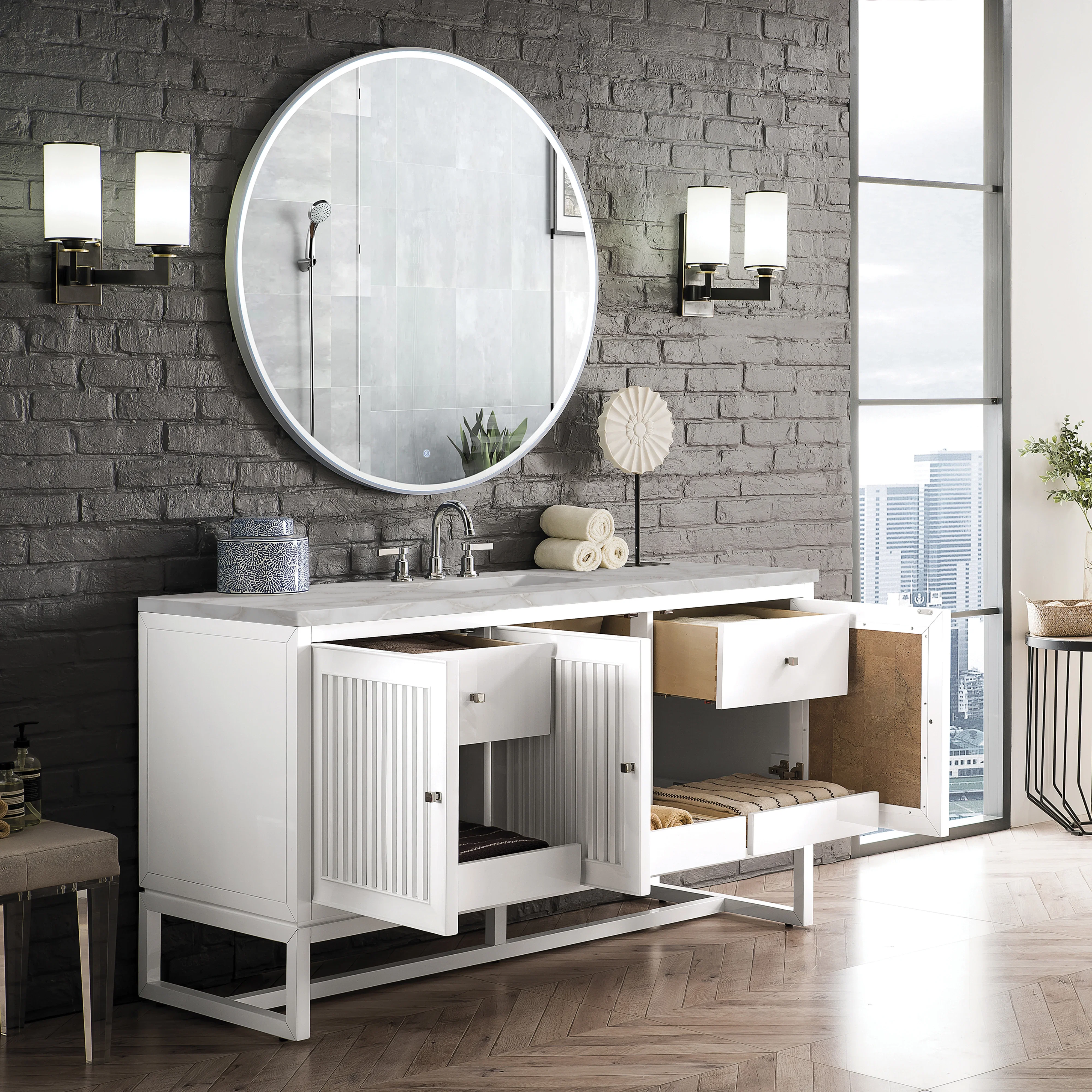 Athens 60" Single Vanity, Glossy White w/ 3 CM Victorian Silver Silestone Top
