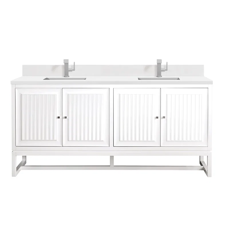 Athens 72" Double Vanity, Glossy White w/ Single Hole 3 CM White Zeus Silestone Top & Backsplash