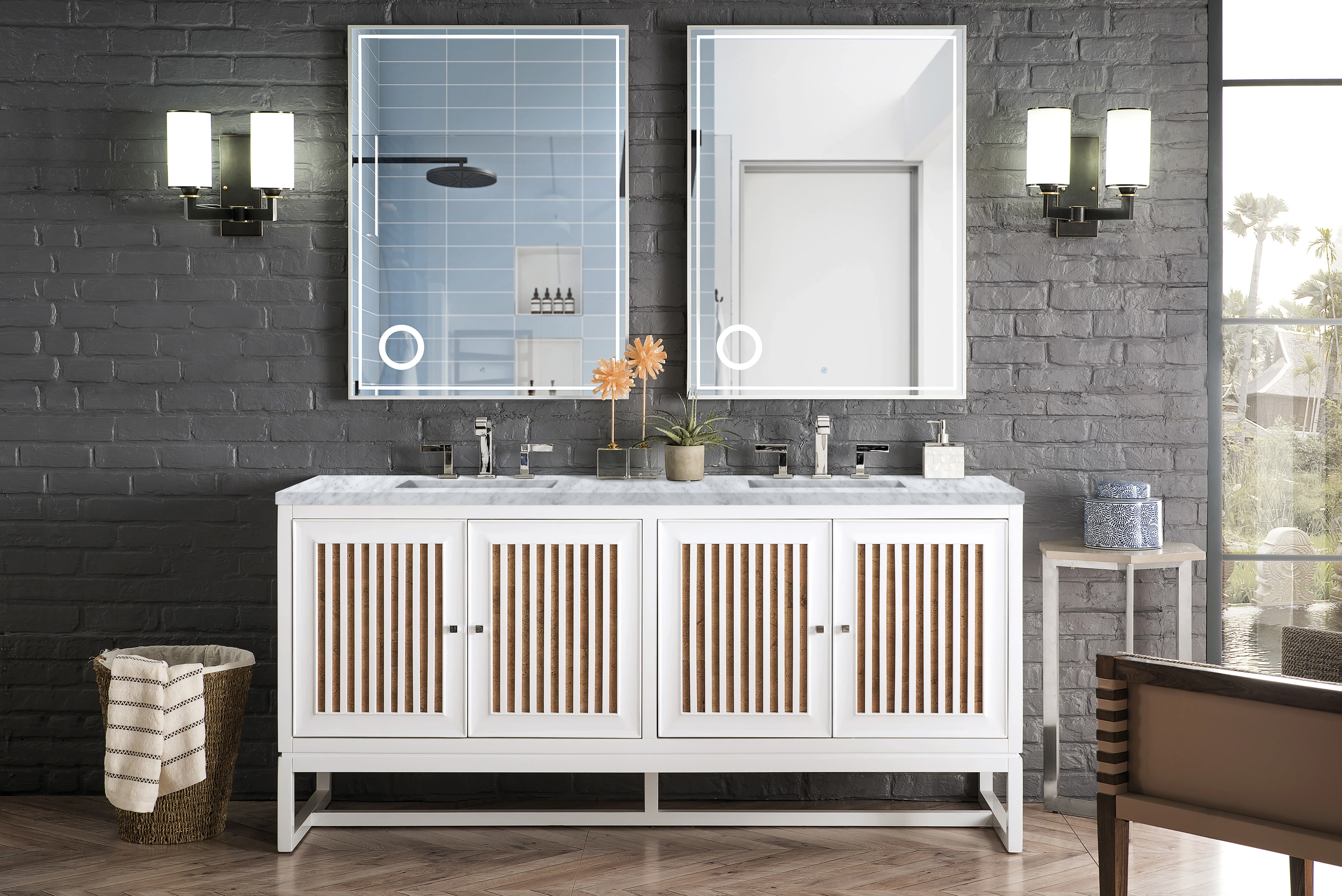 Athens 72" Double Vanity, Glossy White w/ 3 CM Carrara White Top