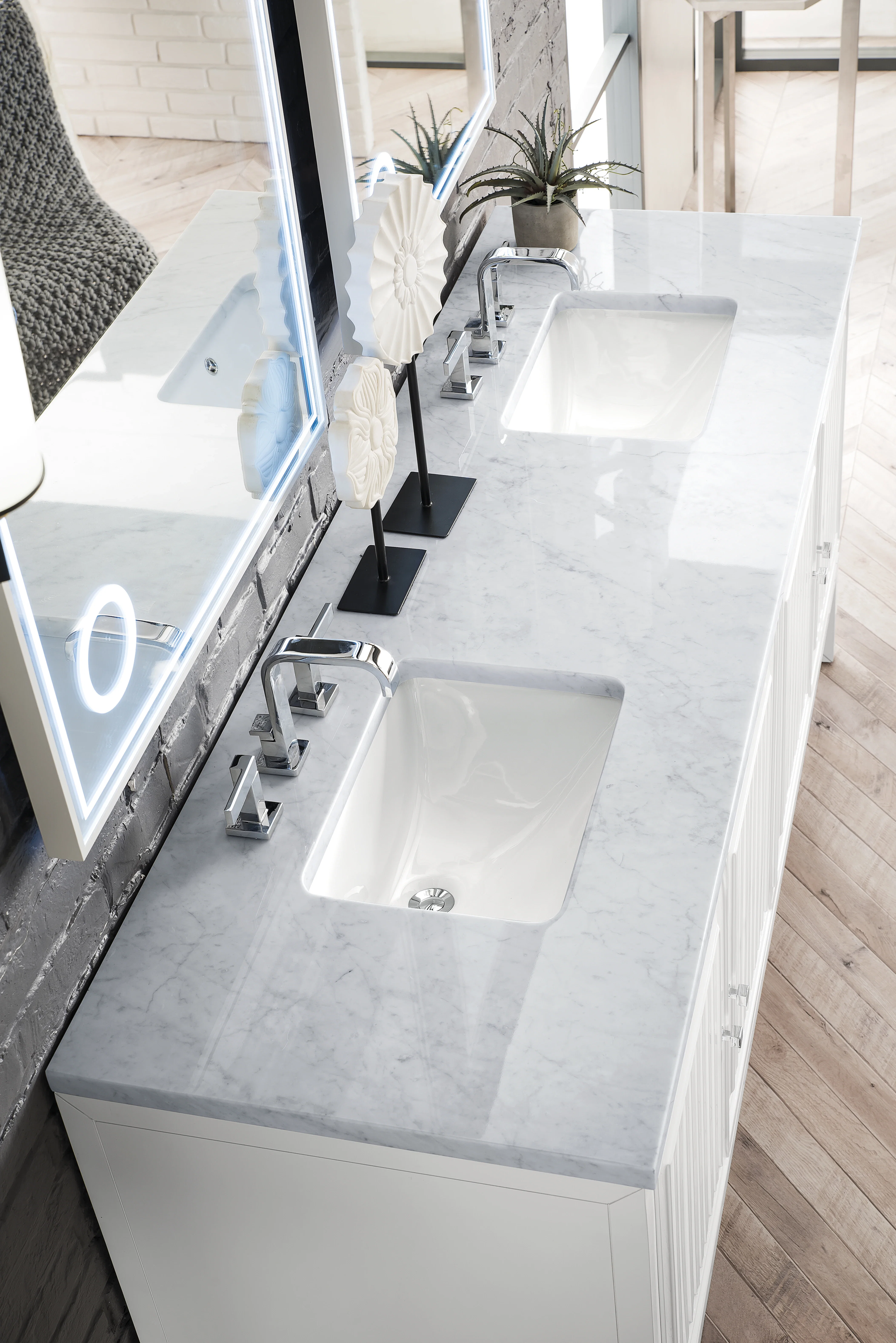 Athens 72" Double Vanity, Glossy White w/ 3 CM Carrara White Top