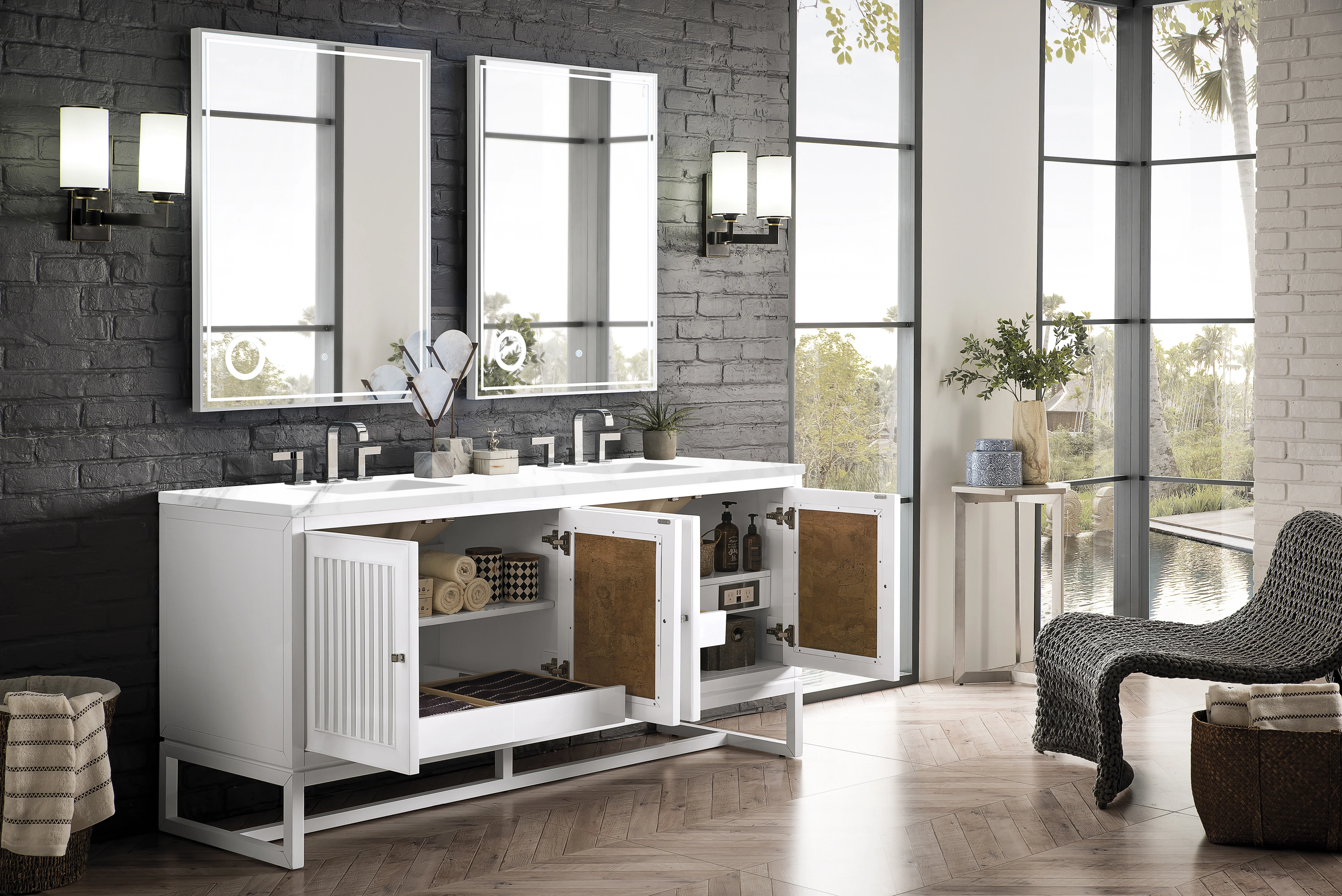 Athens 72" Double Vanity, Glossy White w/ 3 CM Carrara White Top