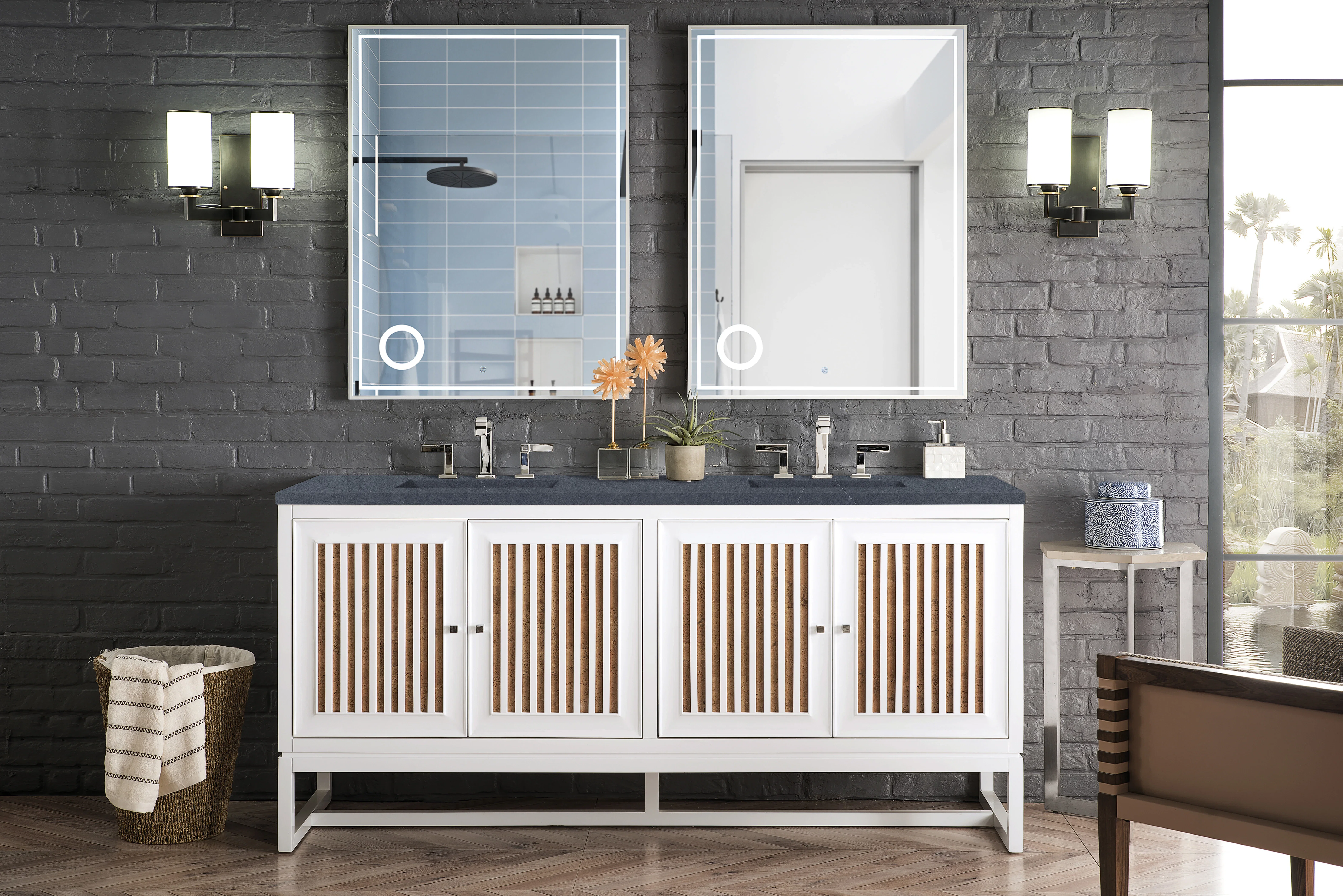 Athens 72" Double Vanity, Glossy White w/ 3 CM Charcoal Soapstone Silestone Top