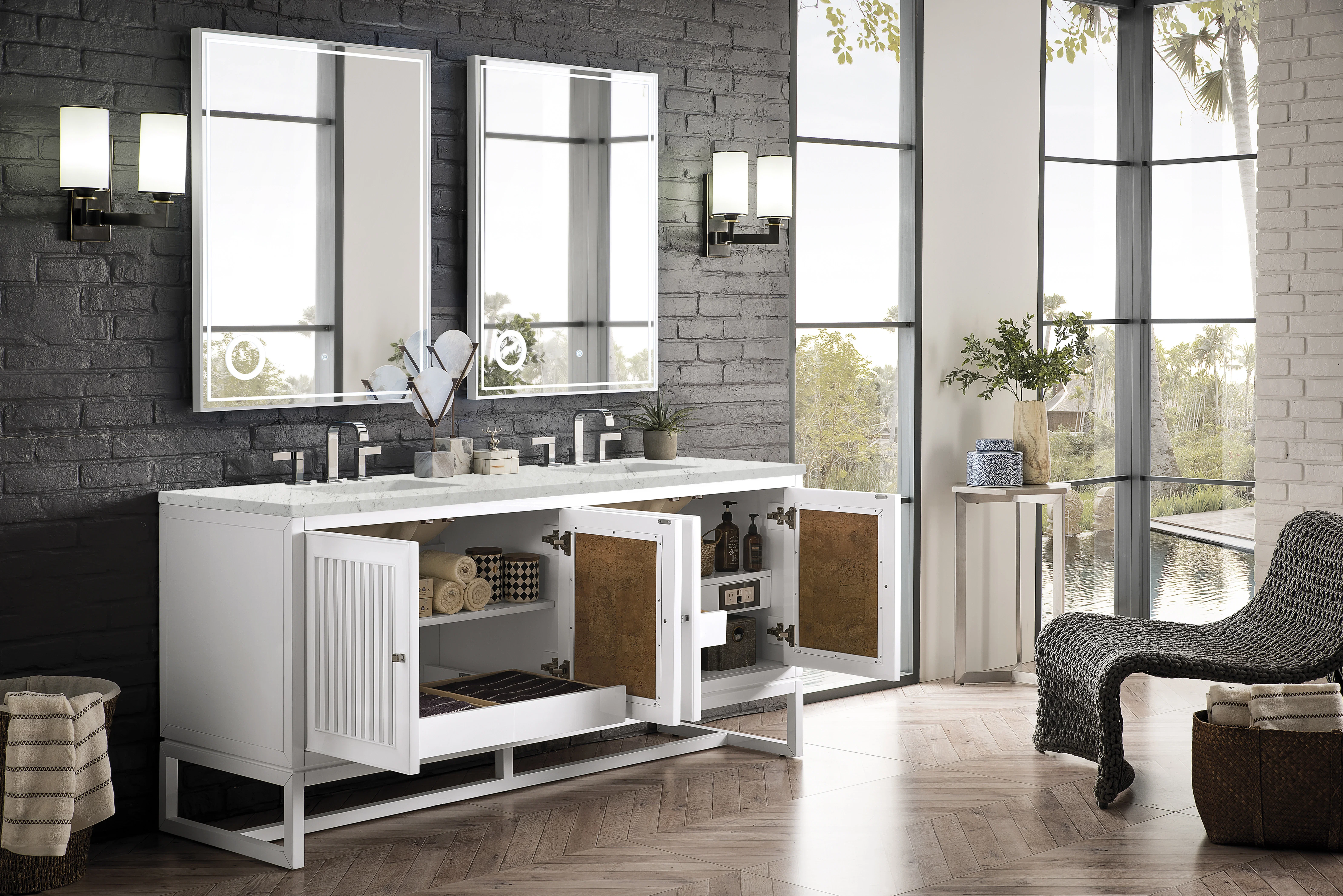Athens 72" Double Vanity, Glossy White w/ 3 CM Eternal Jasmine Pearl Silestone Top