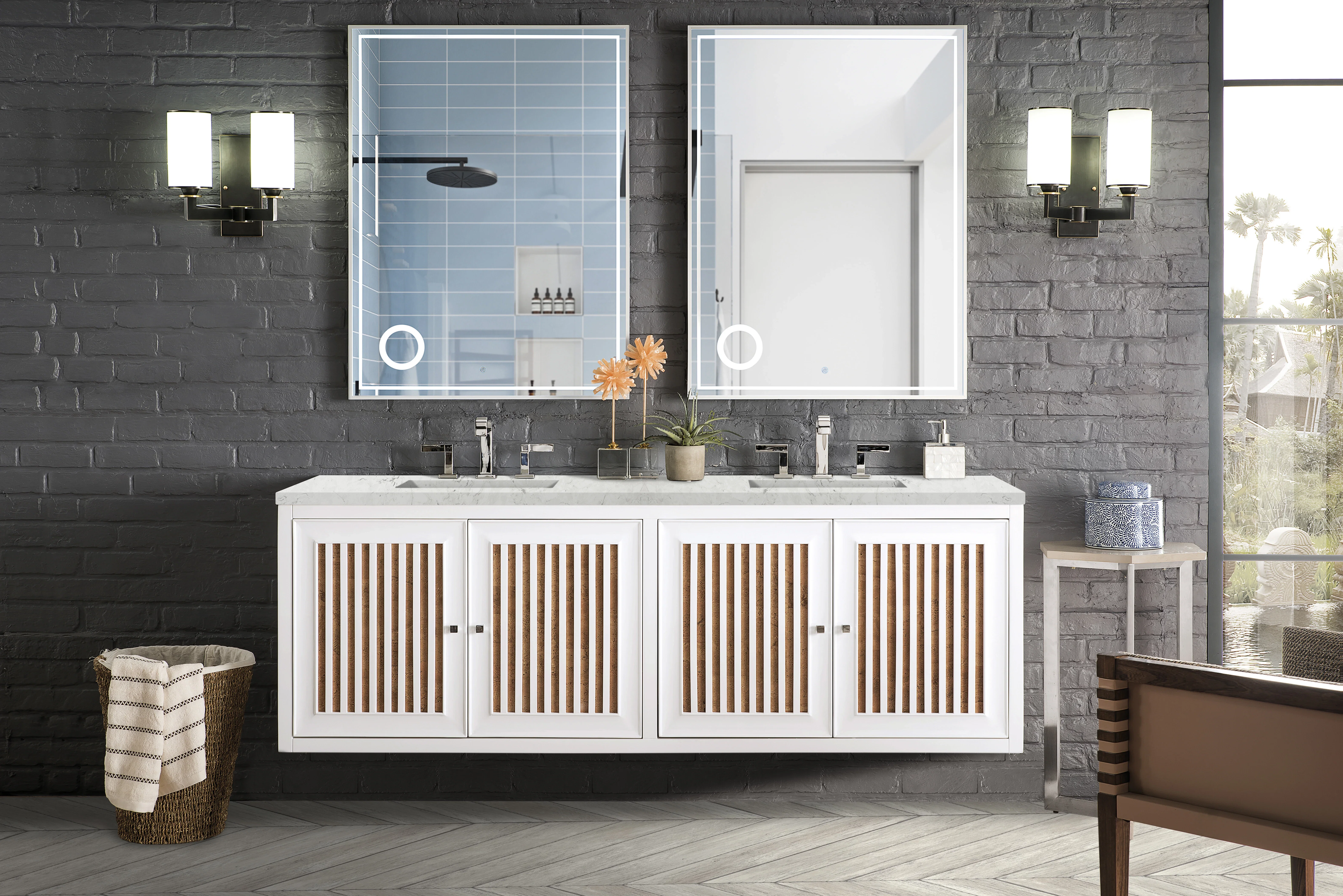 Athens 72" Double Vanity, Glossy White w/ 3 CM Eternal Jasmine Pearl Silestone Top