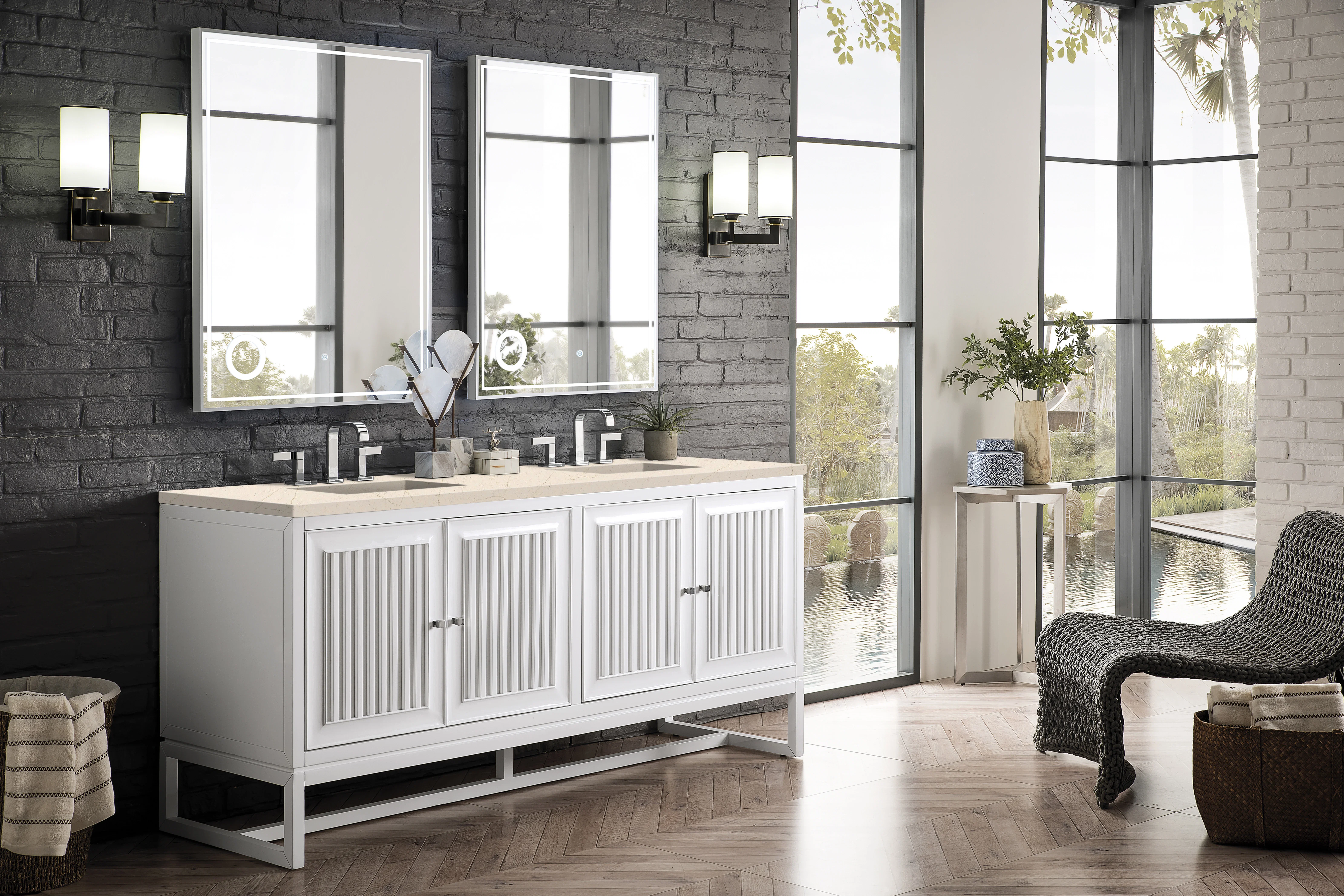 Athens 72" Double Vanity, Glossy White w/ 3 CM Eternal Marfil Top