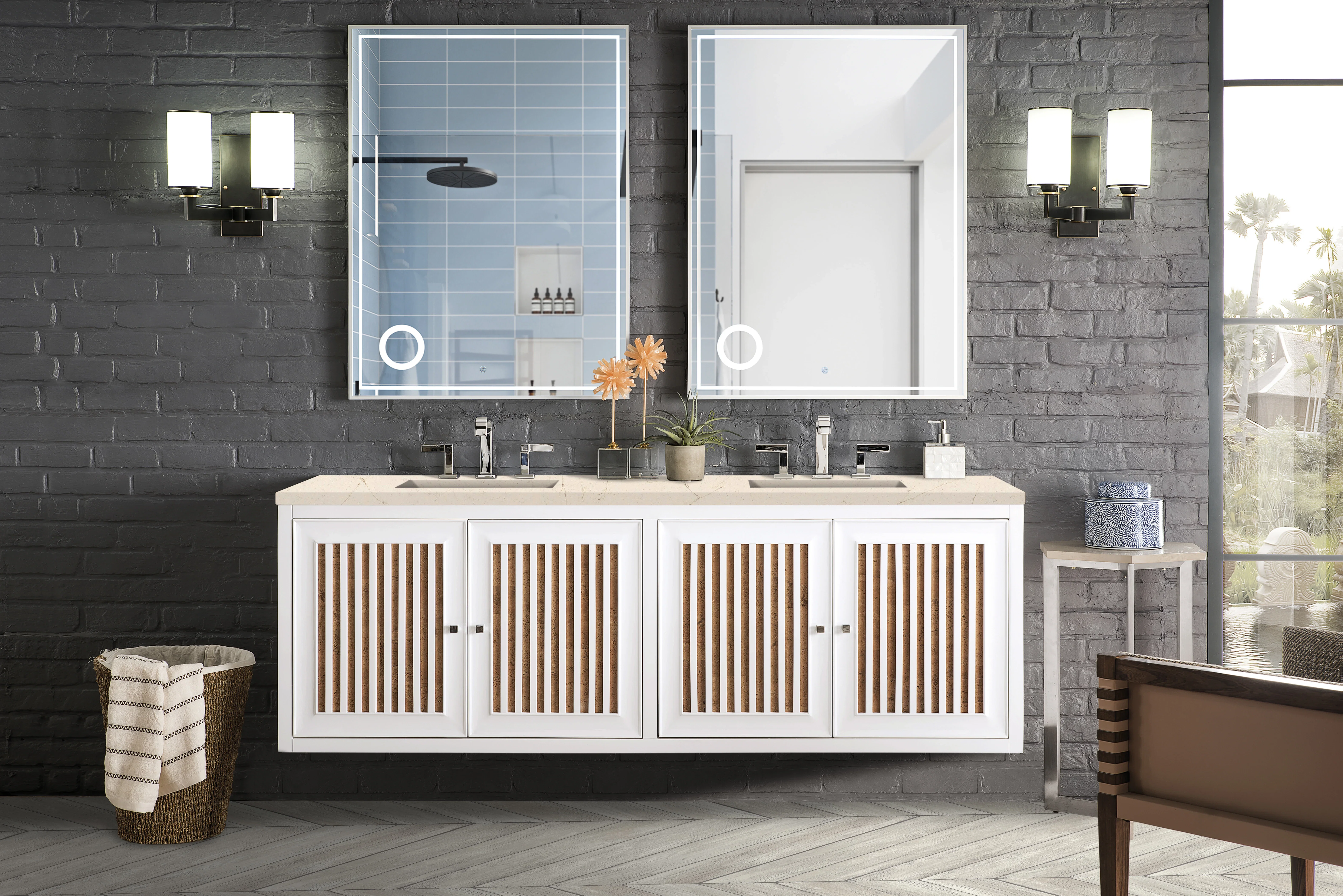 Athens 72" Double Vanity, Glossy White w/ 3 CM Eternal Marfil Top