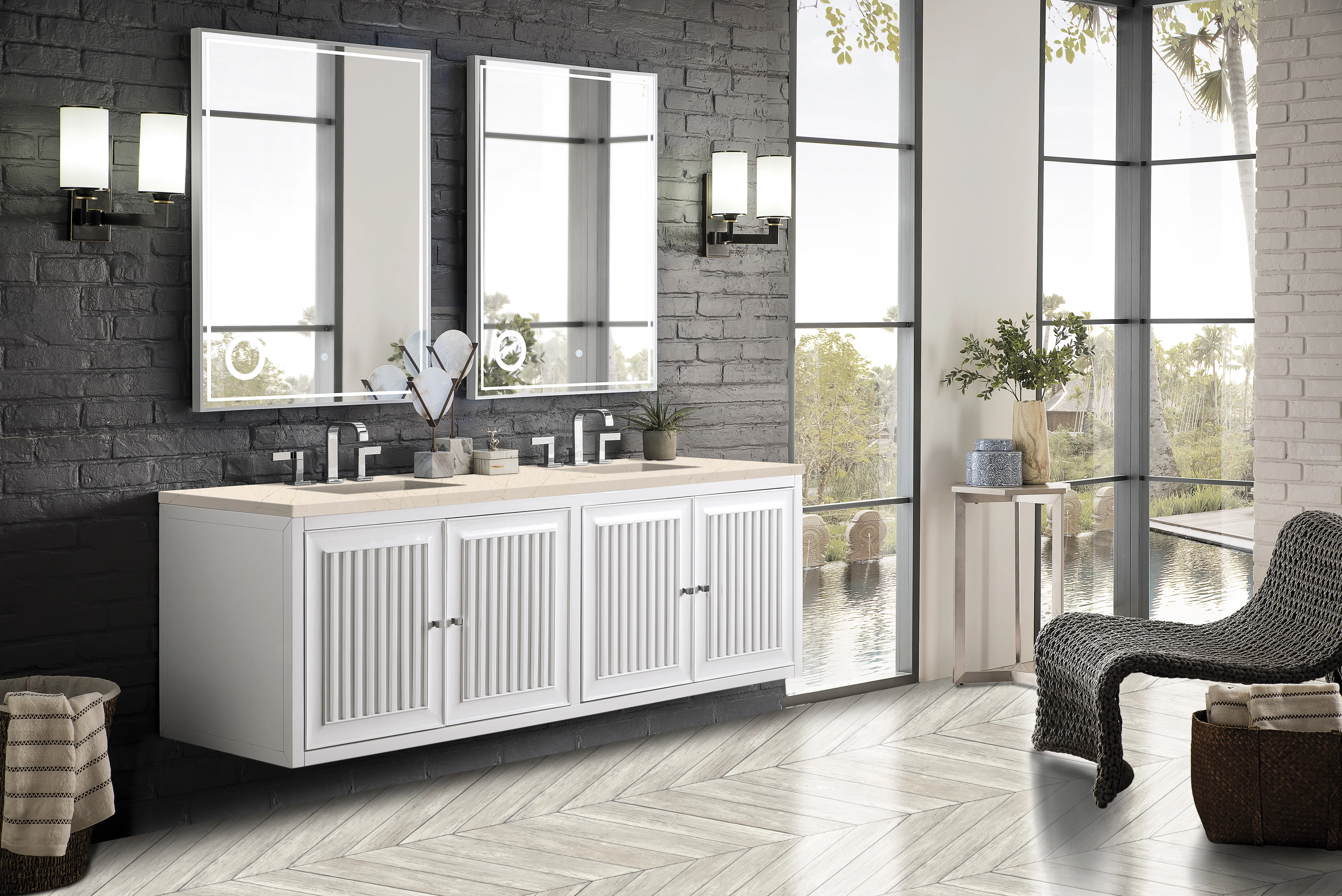Athens 72" Double Vanity, Glossy White w/ 3 CM Eternal Marfil Top