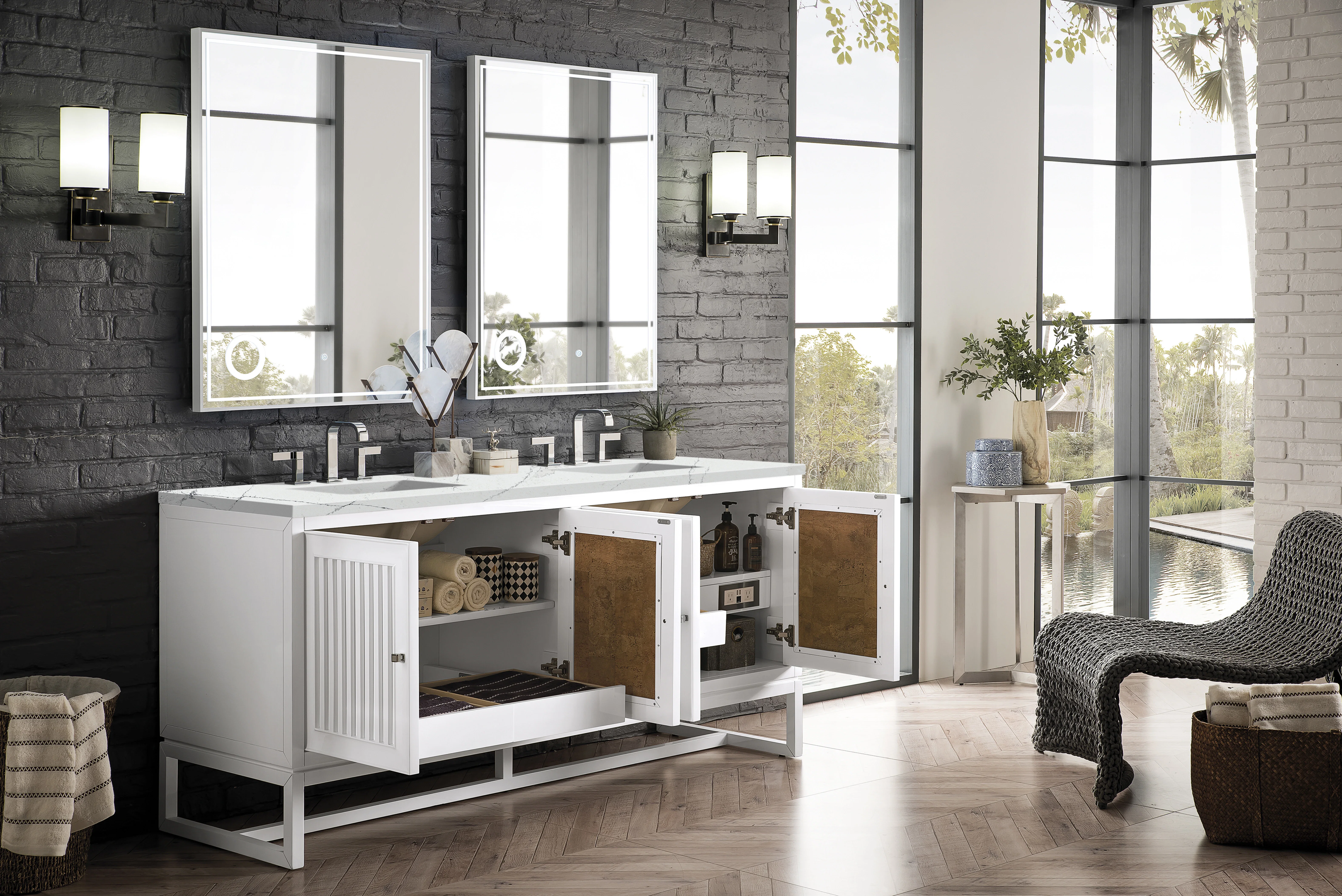 Athens 72" Double Vanity, Glossy White w/ 3 CM Ethereal Noctis Top