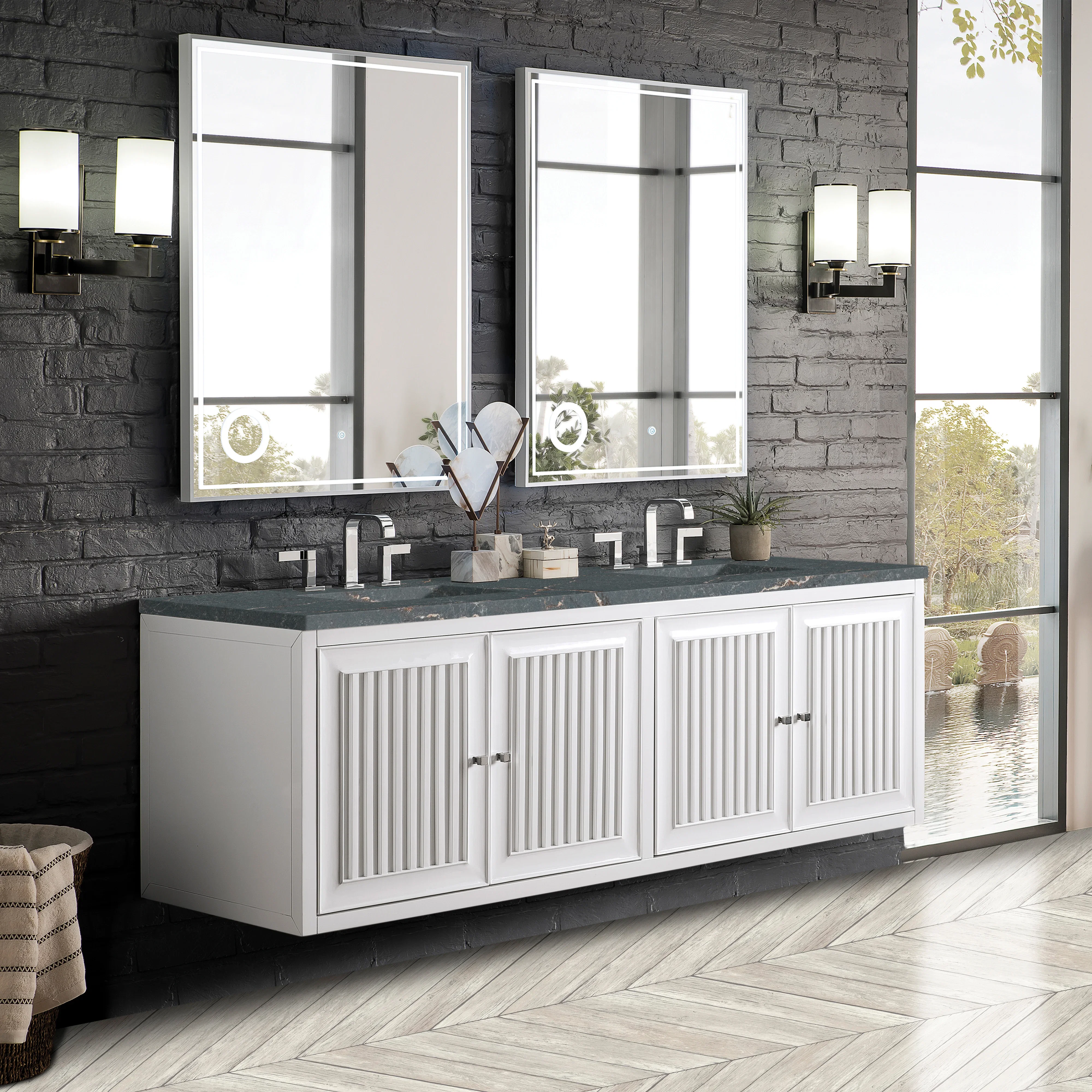 Athens 72" Double Vanity, Glossy White w/ 3 CM Parisien Bleu Silestone Top