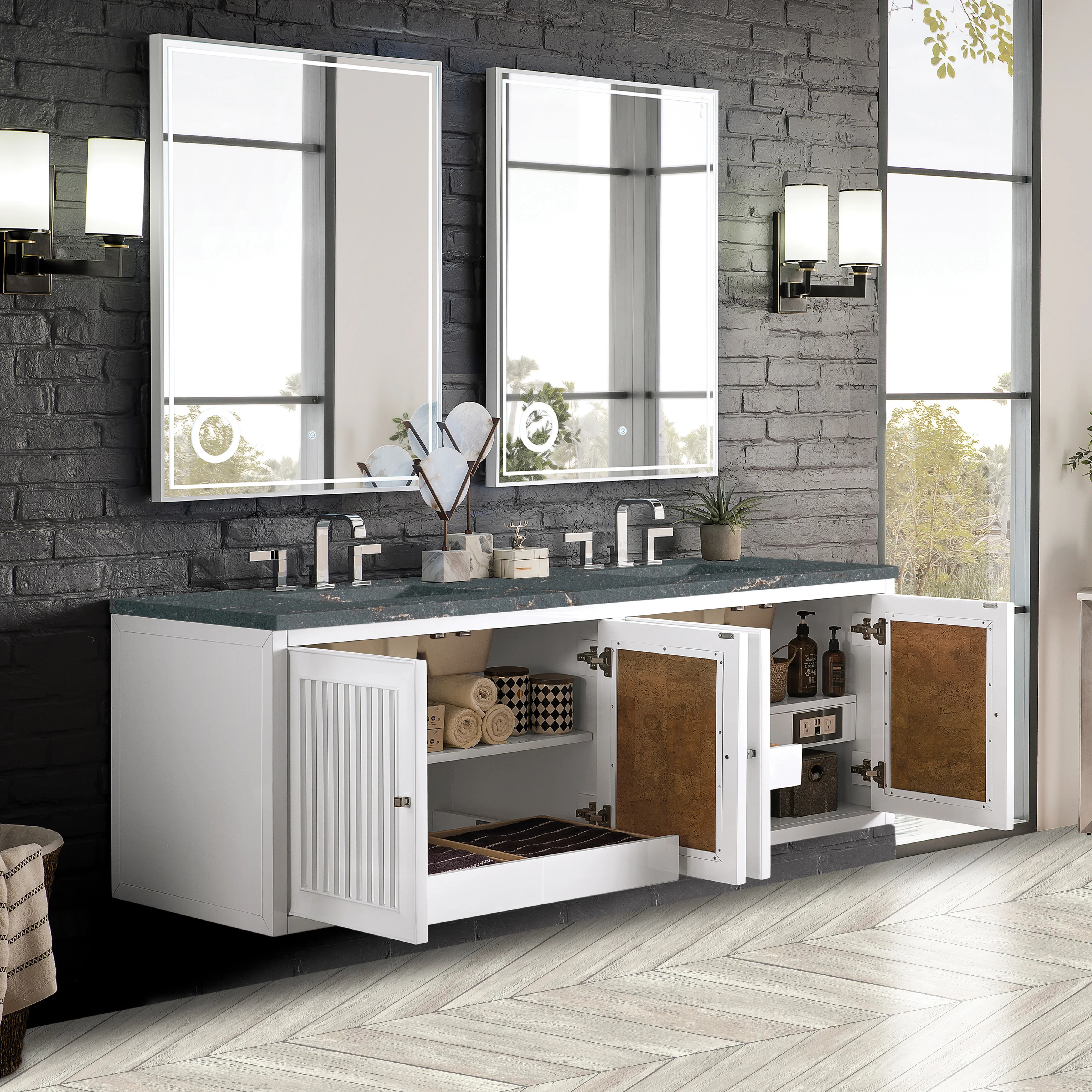 Athens 72" Double Vanity, Glossy White w/ 3 CM Parisien Bleu Silestone Top
