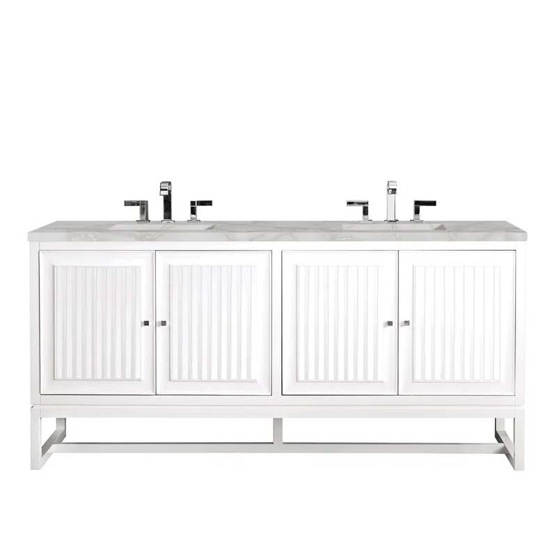 Athens 72" Double Vanity, Glossy White w/ 3 CM Victorian Silver Silestone Top