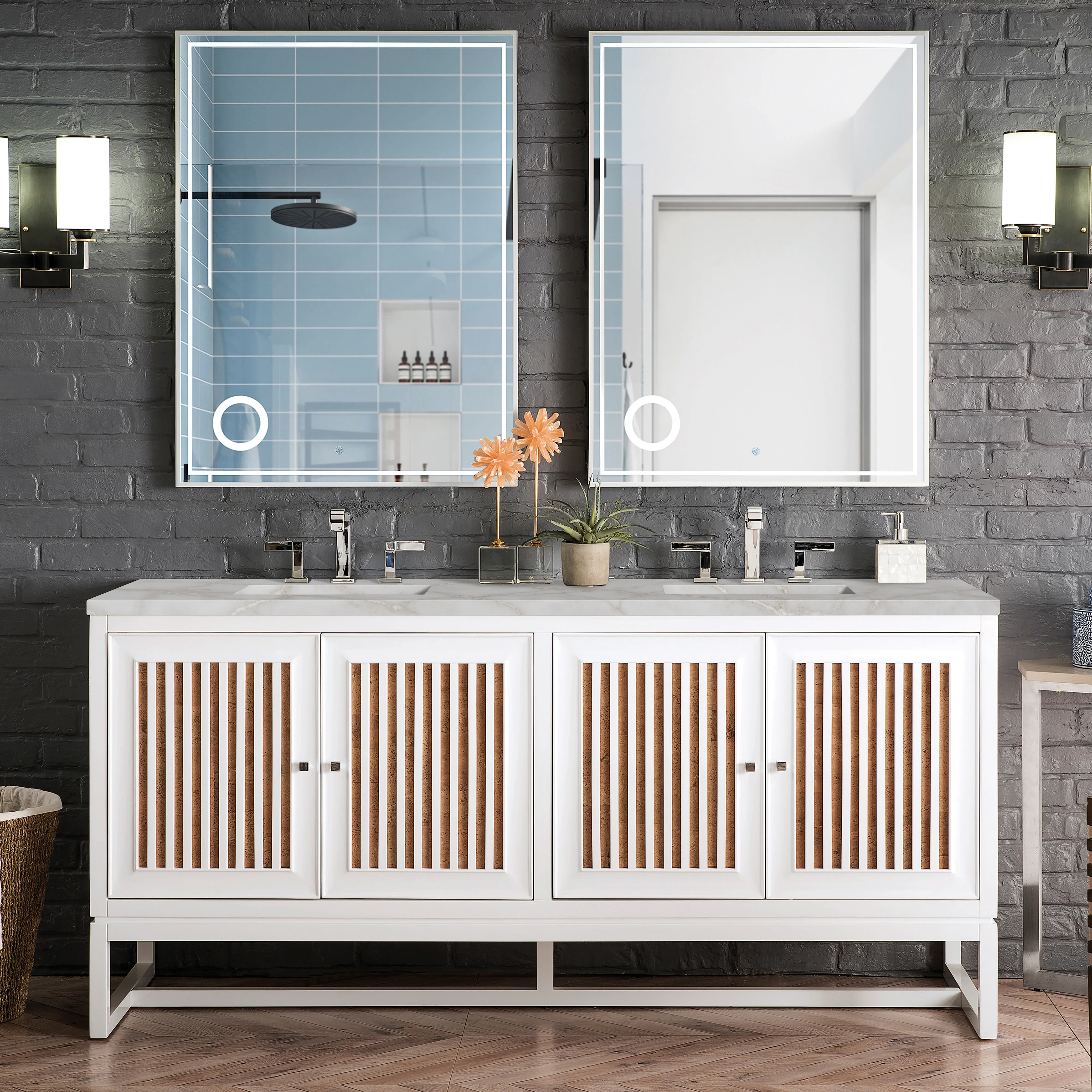 Athens 72" Double Vanity, Glossy White w/ 3 CM Victorian Silver Silestone Top