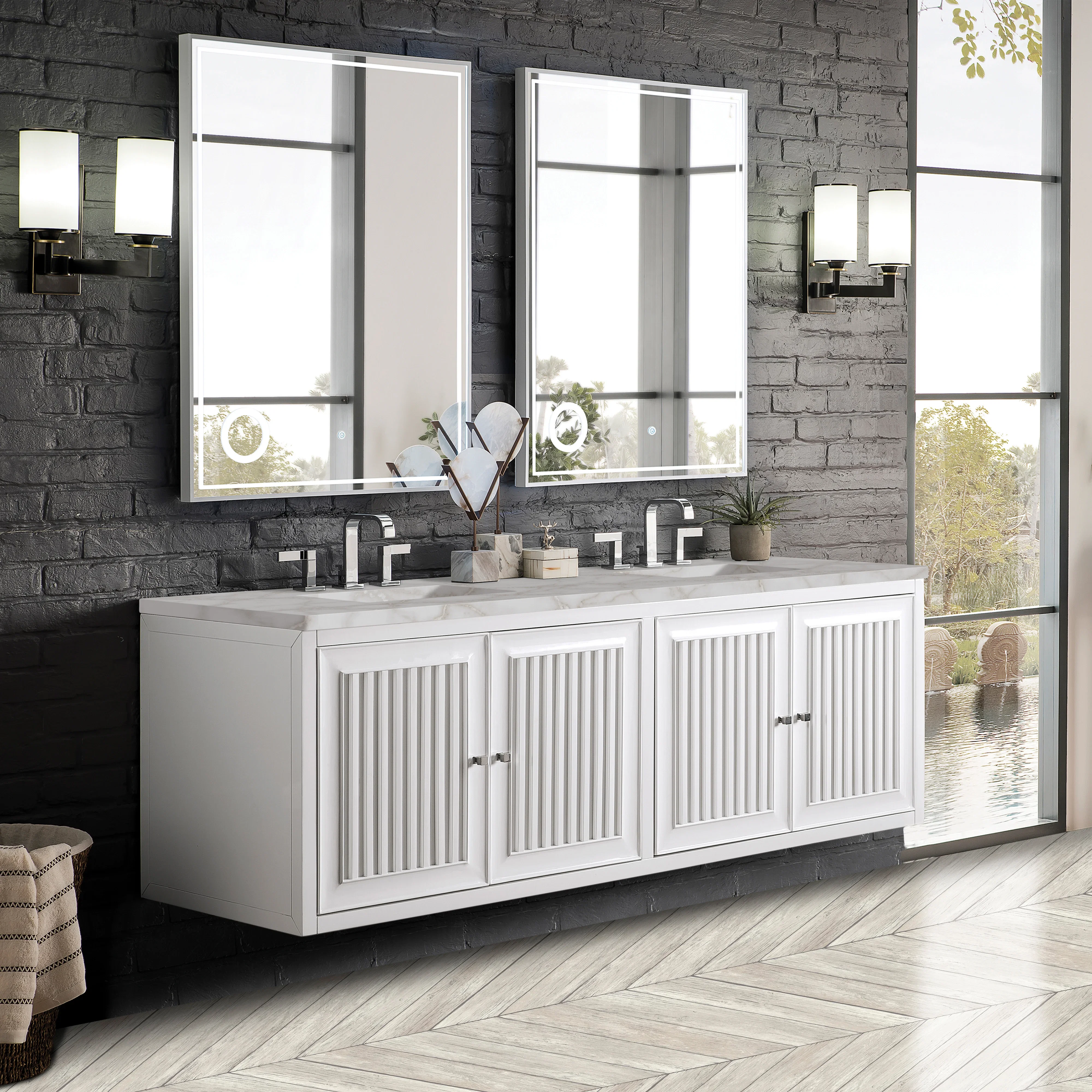 Athens 72" Double Vanity, Glossy White w/ 3 CM Victorian Silver Silestone Top